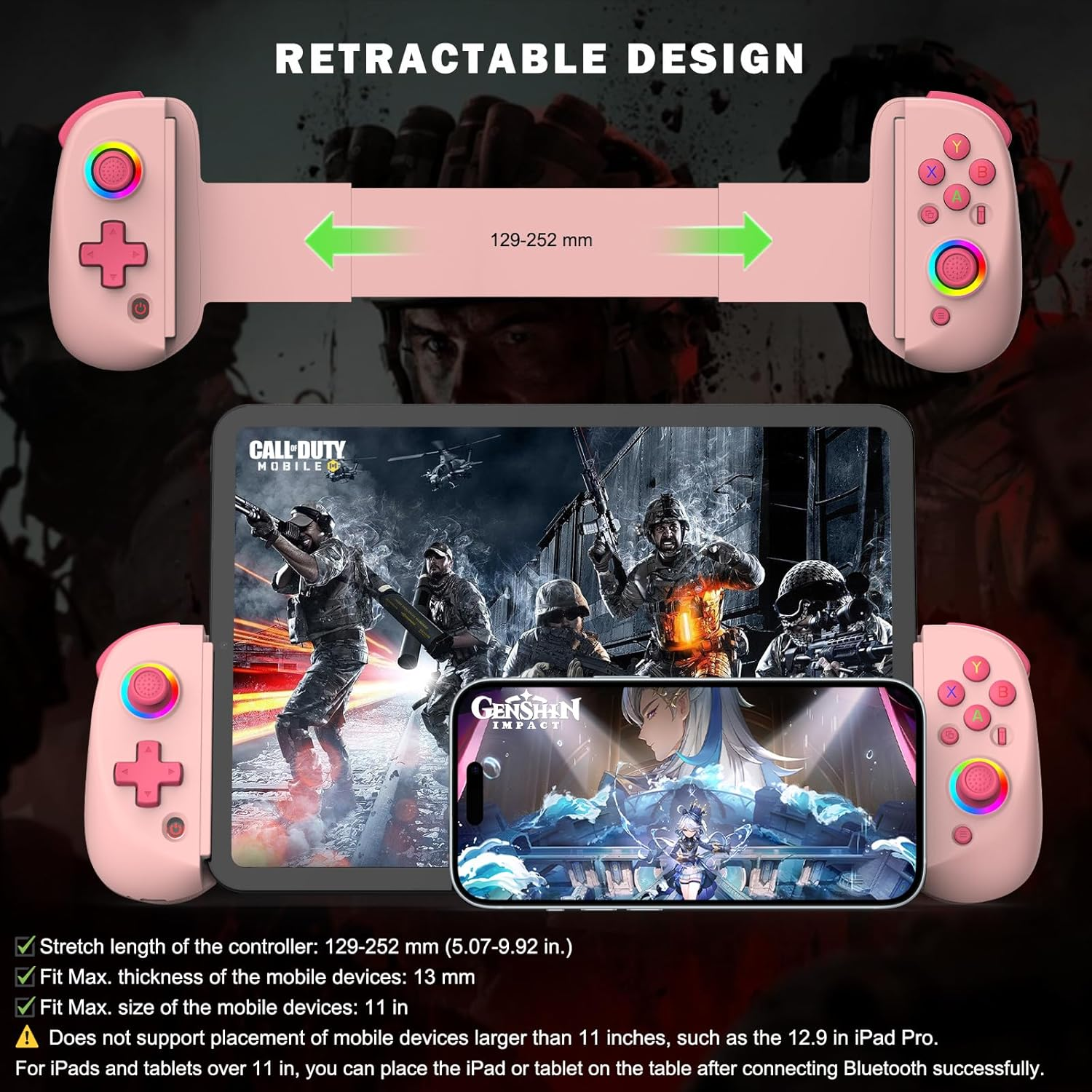 Pinker, einziehbarer Handy-Spielcontroller mit Call of Duty und Genshin Impact auf dem Bildschirm.