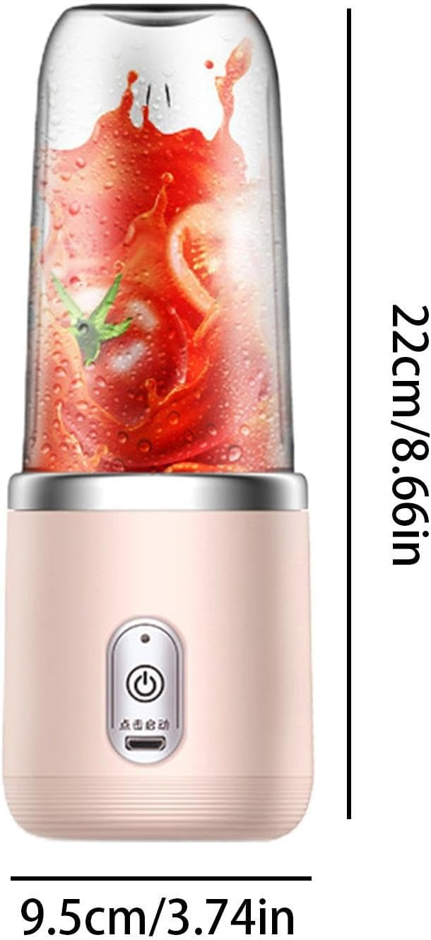 Pinker tragbarer Mixer mit Tomaten und spritzendem Saft. Maße angegeben.