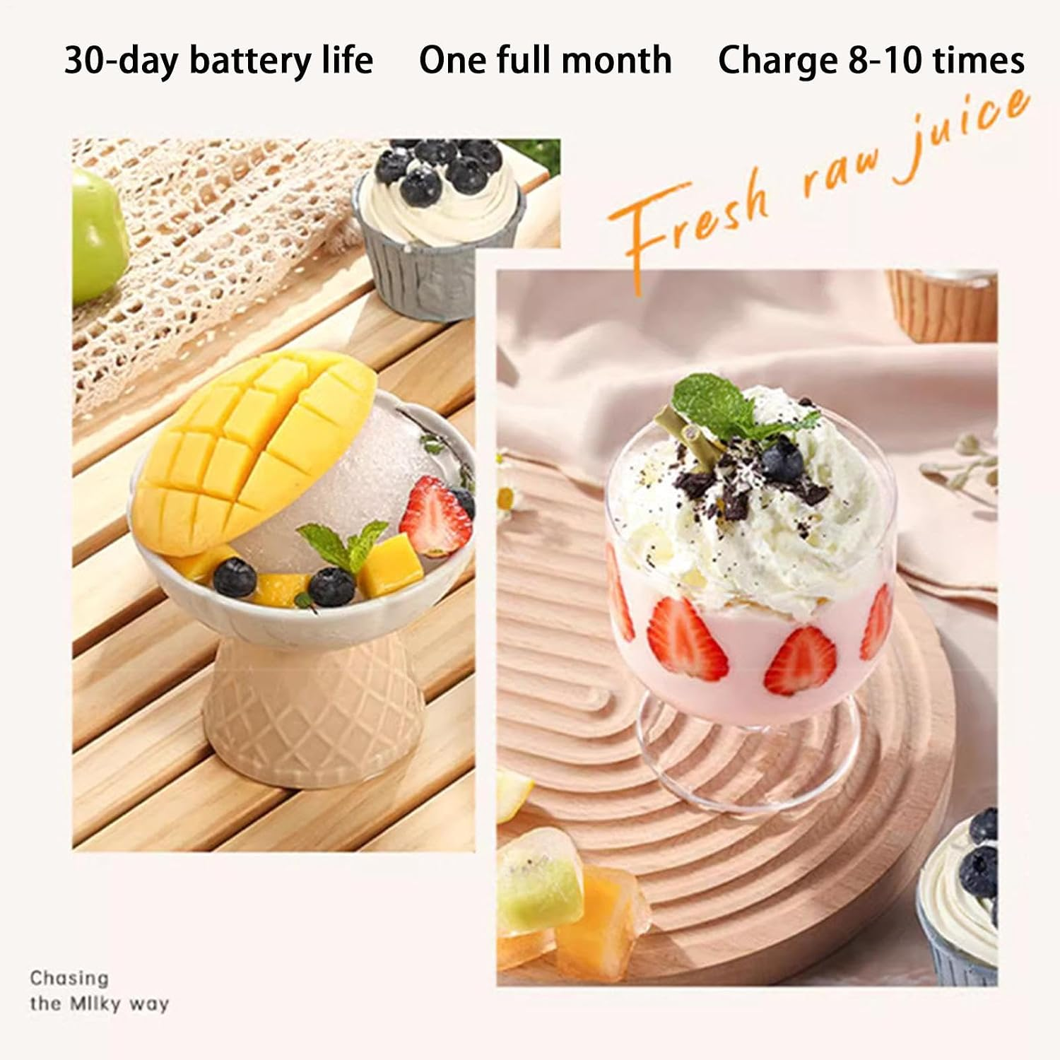 Desserts mit Früchten und Sahne, Text über Saft und Akkulaufzeit.