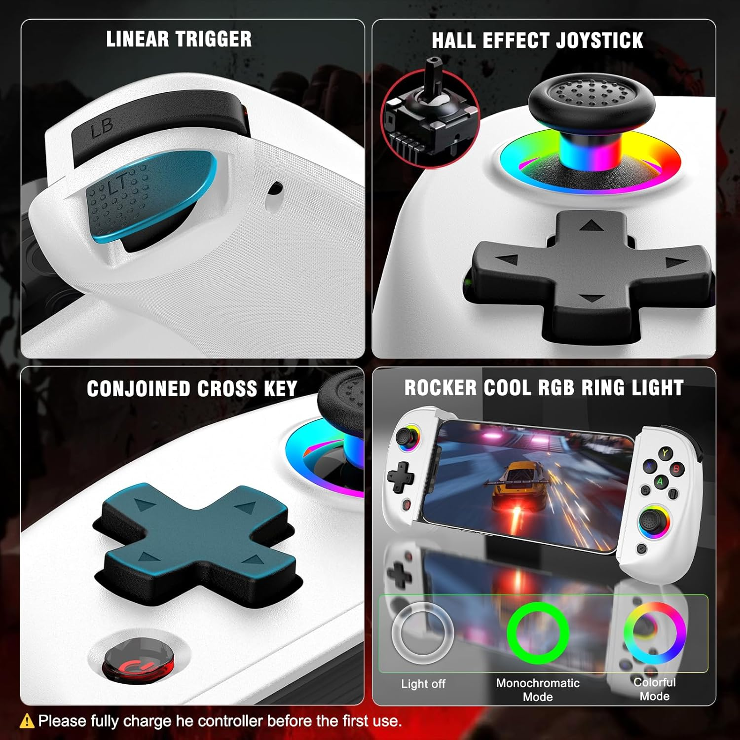 Controller-Details: Linearer Trigger, Hall-Effekt-Joystick, Kreuztaste, RGB-Ringlicht.