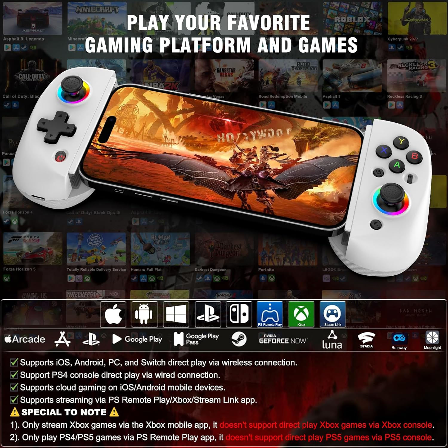 Ein Handy mit Controller, das Spiele anzeigt, mit Spiel-Symbolen im Hintergrund.