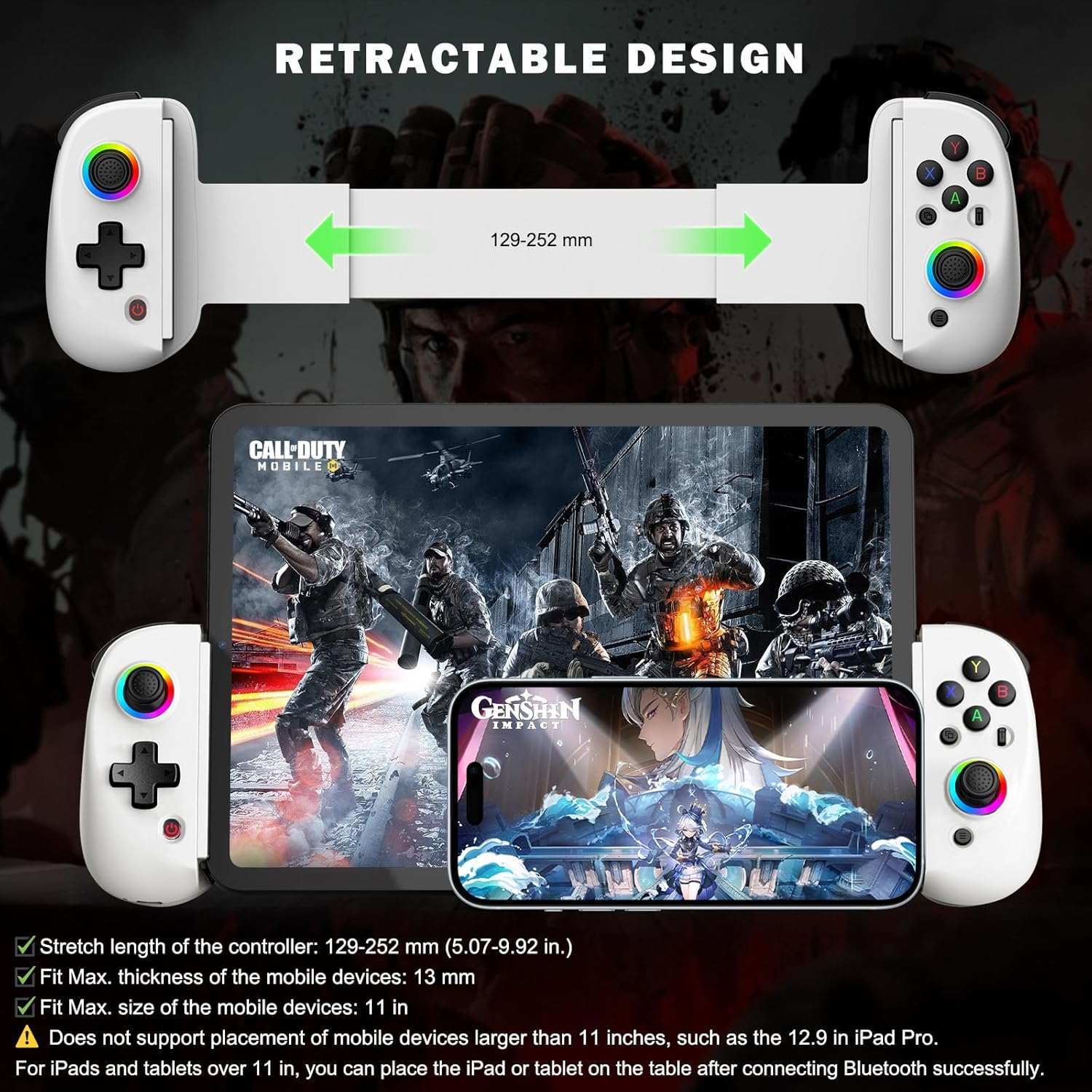 Ein ausziehbarer Controller hält zwei Smartphones mit Spielen.