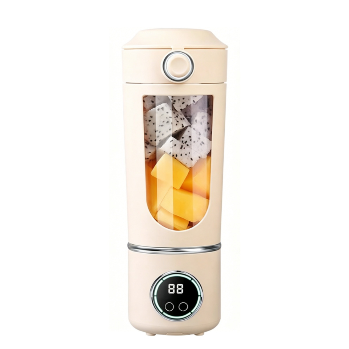 Beige Mixer mit Drachenfrucht und Mango gefüllt, mit digitaler Anzeige.