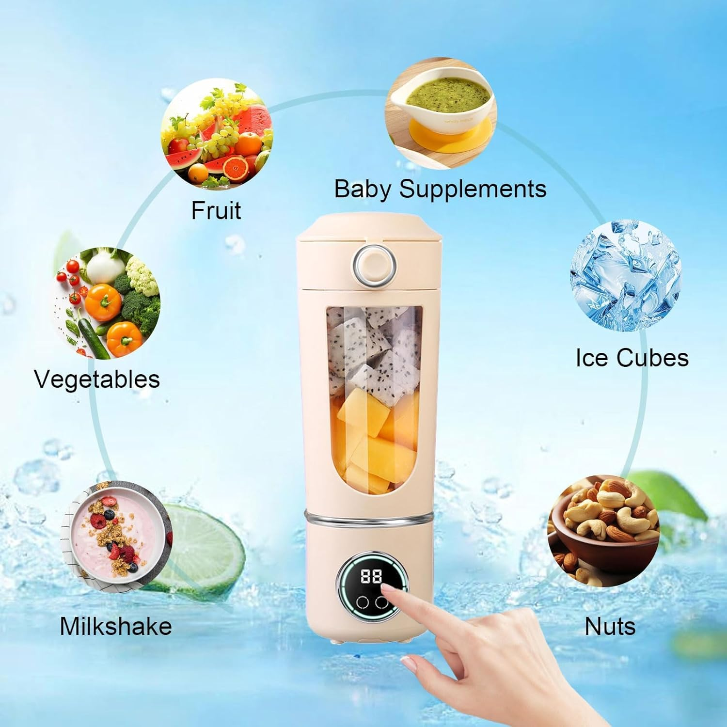 Beige Mixer mit Obst, Gemüse, Eiswürfeln, Nüssen, Babybrei und Milchshake.