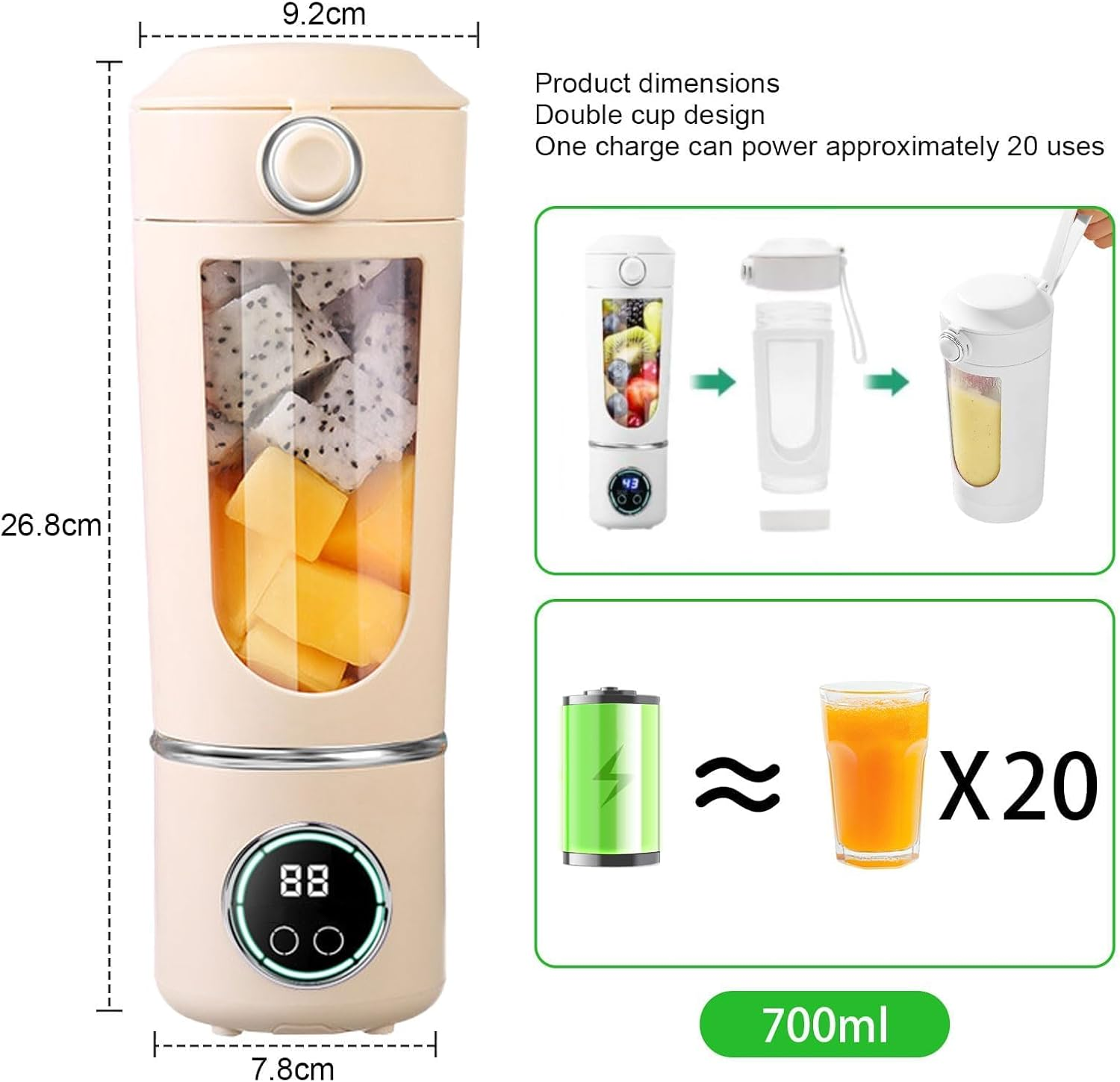 Tragbarer Mixer mit Obst, Akku, Saft und Maßen. 700ml Fassungsvermögen.