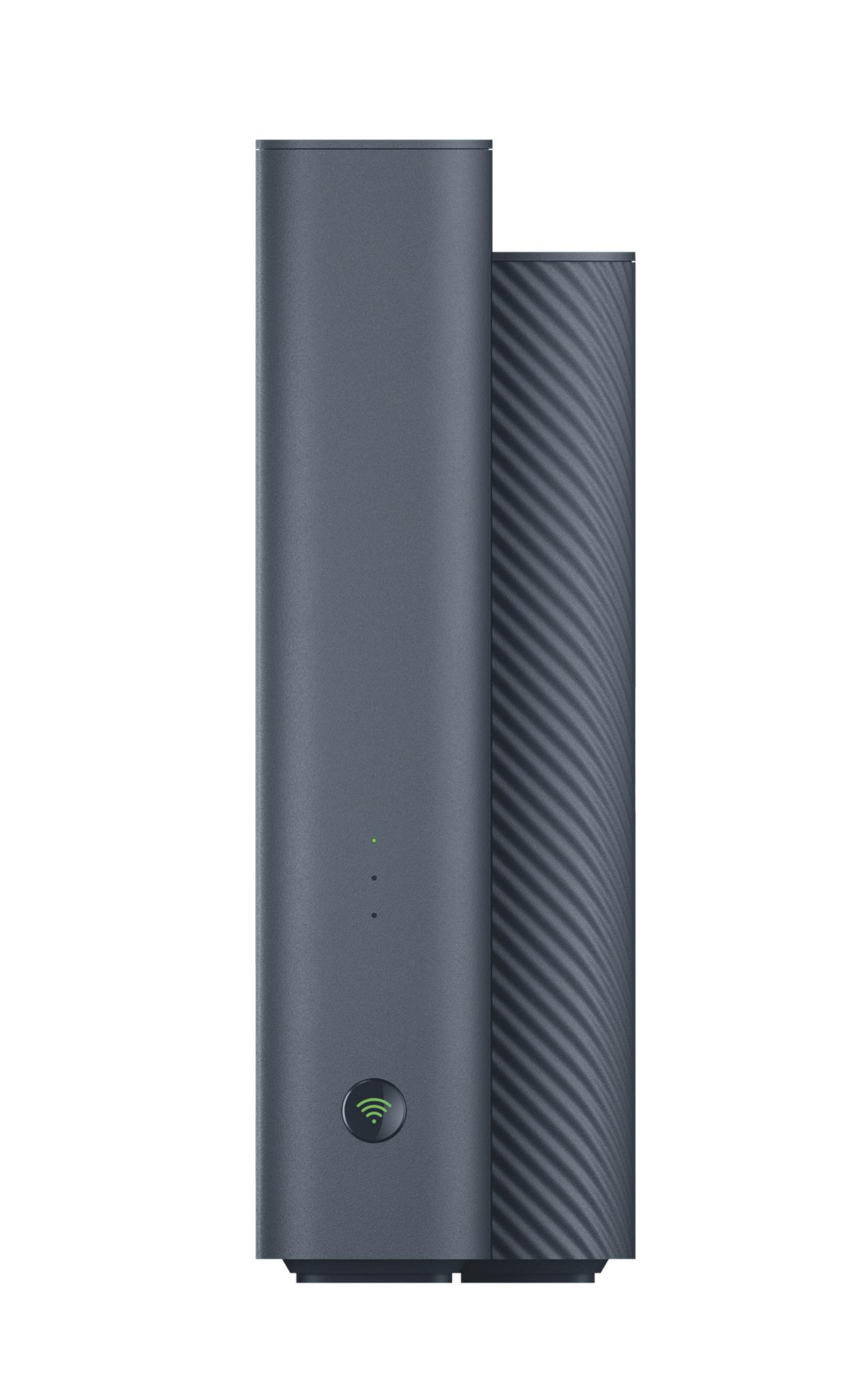 Ein graues Router-Gerät mit Wellenmuster auf der rechten Seite und WLAN-Symbol.