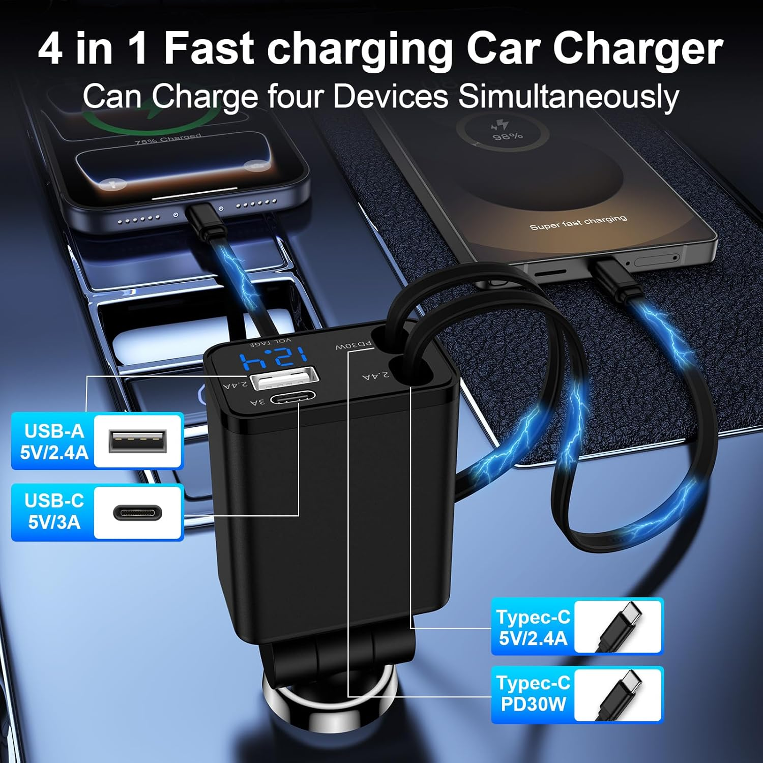 Ein schwarzes 4-in-1-Autoladegerät mit mehreren Anschlüssen lädt Telefone.