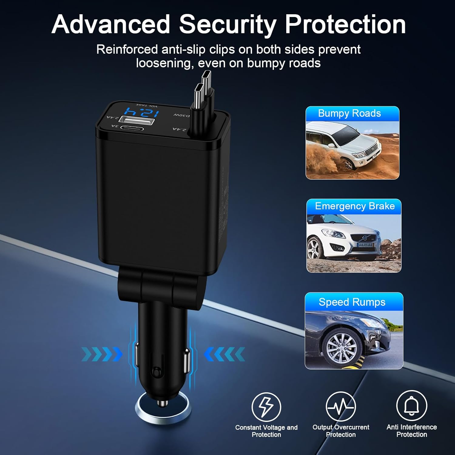 Ein schwarzer Auto-USB-Adapter mit Digitalanzeige und drei kleinen Bildern von Autos.
