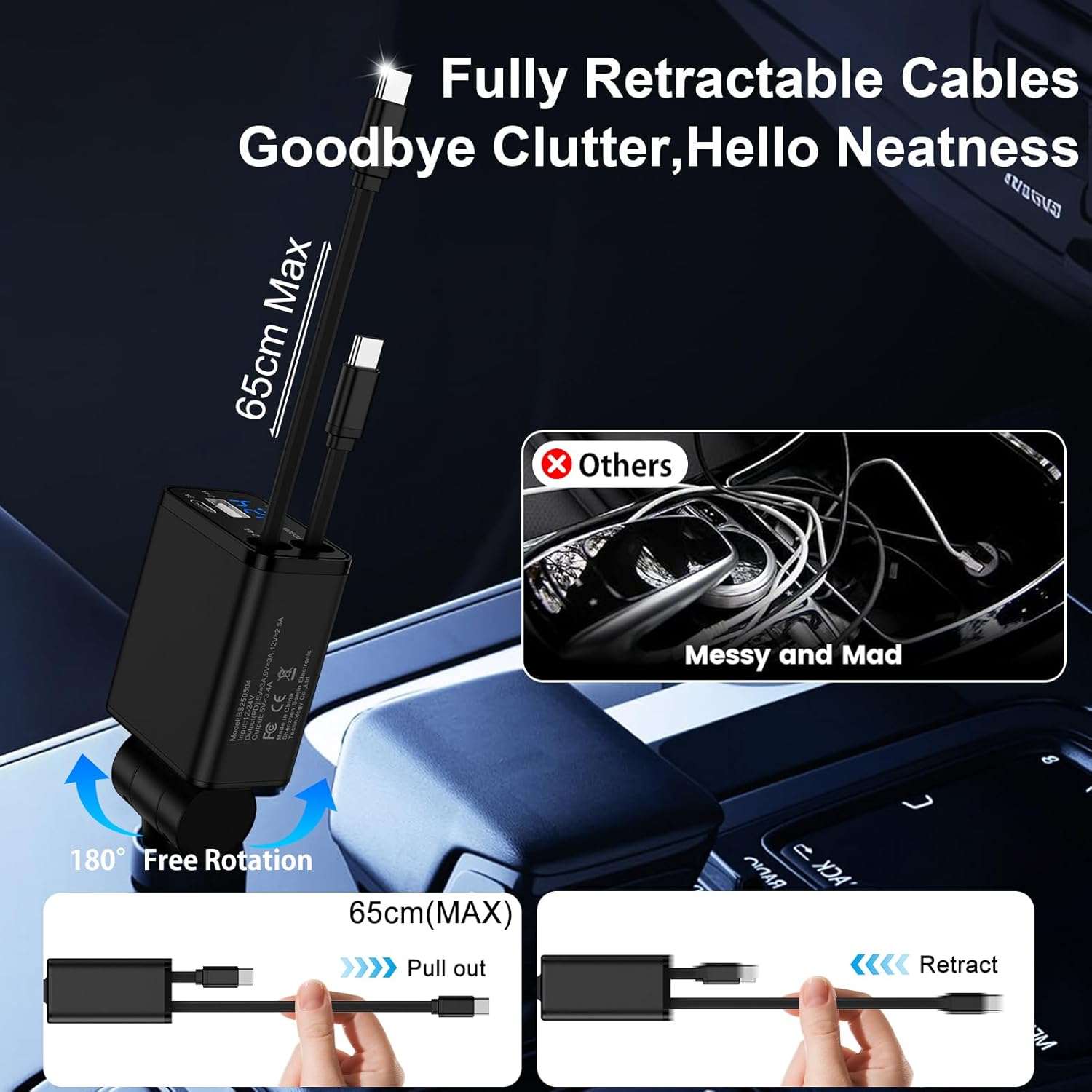 Ein schwarzes Ladegerät mit ausziehbaren Kabeln. Zeigt Ordentlichkeit vs. Chaos.