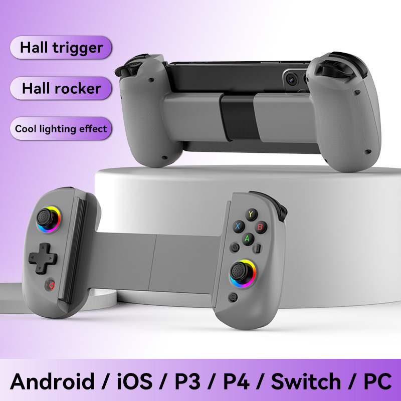 Grauer Gaming-Controller für Mobilgeräte mit bunten Tasten und beleuchtetem Steuerkreuz.