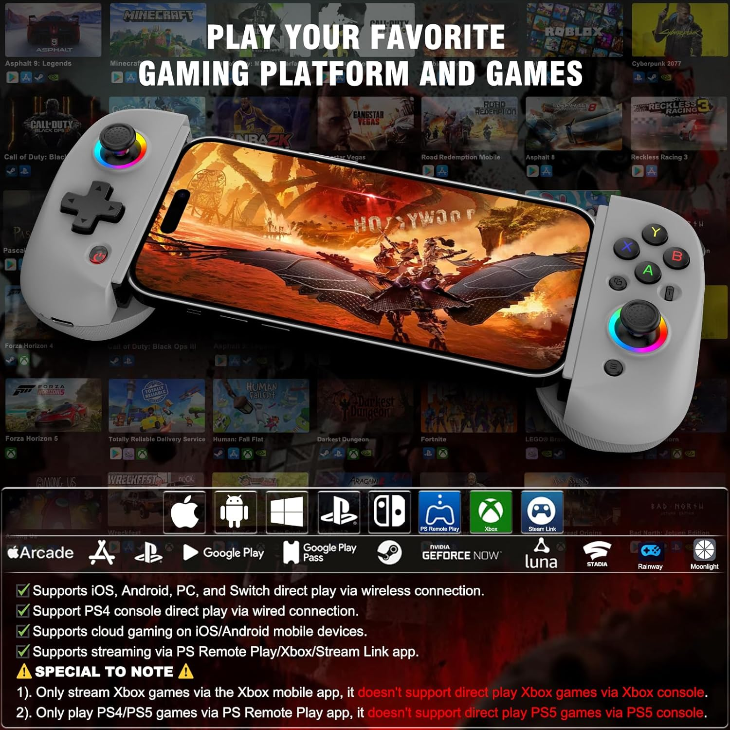 Grauer Controller hält ein Smartphone mit Spielszene. Spielelogos im Hintergrund.