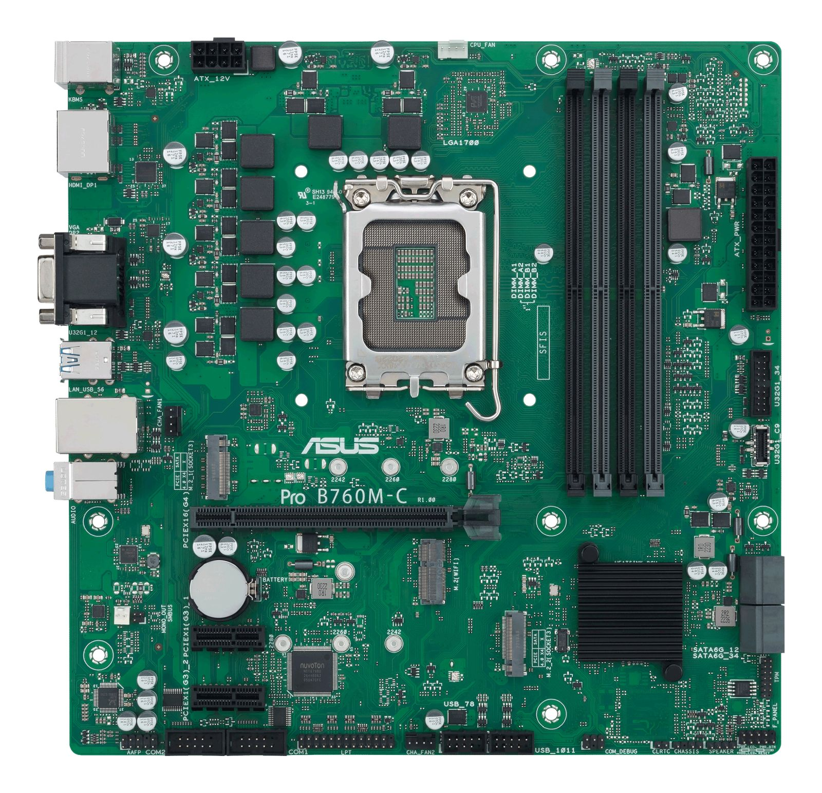 Scheda madre verde con socket CPU, slot RAM e connettori.
