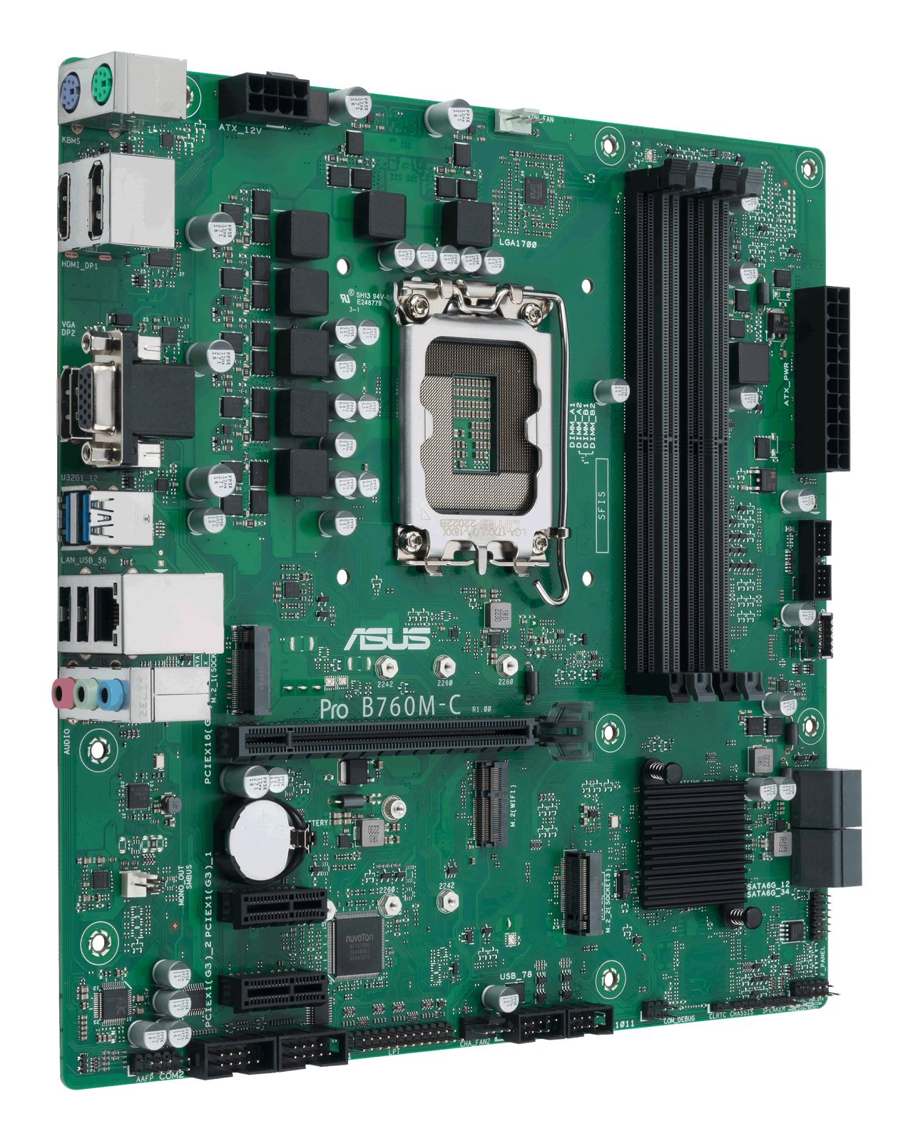 Una scheda madre ASUS Pro B760M-C verde con socket CPU, slot RAM e porte.