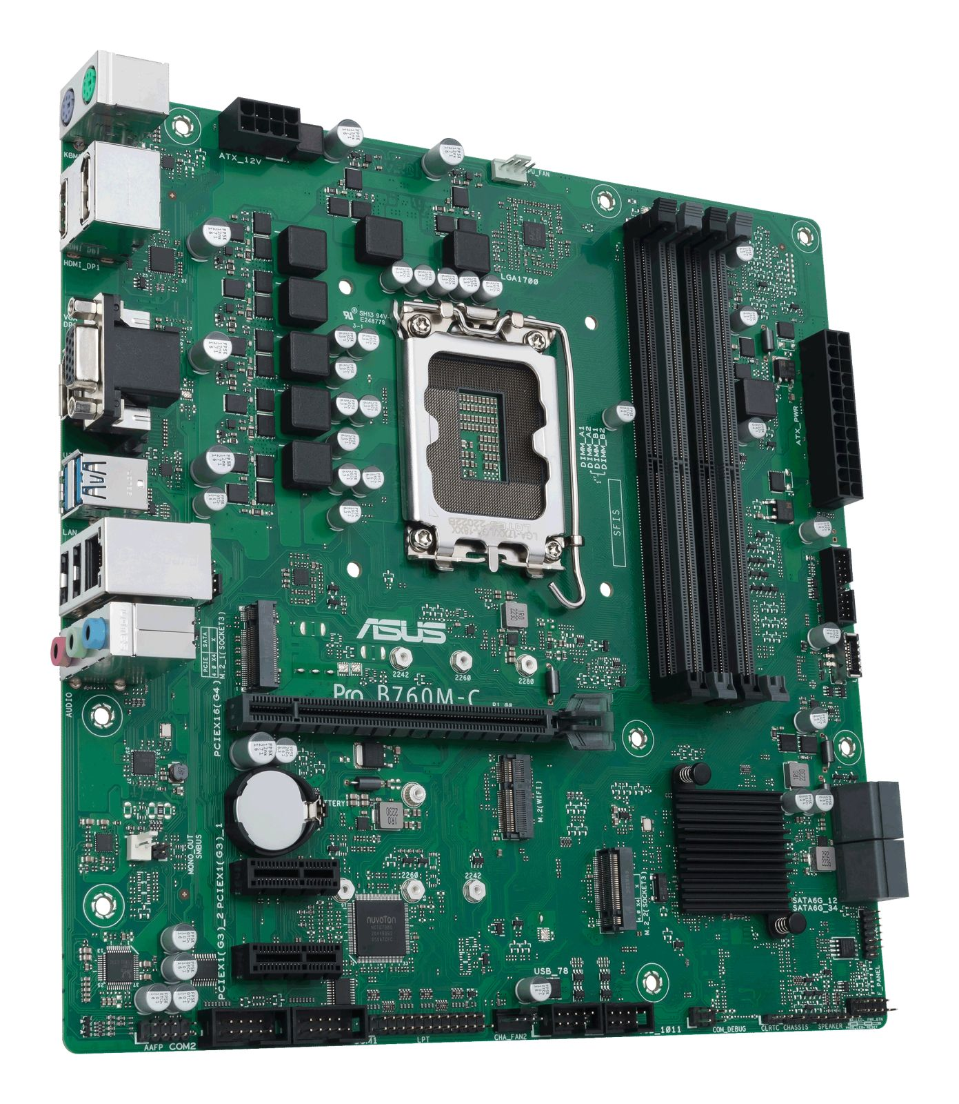 Scheda madre ASUS verde con socket CPU, slot RAM e varie porte.