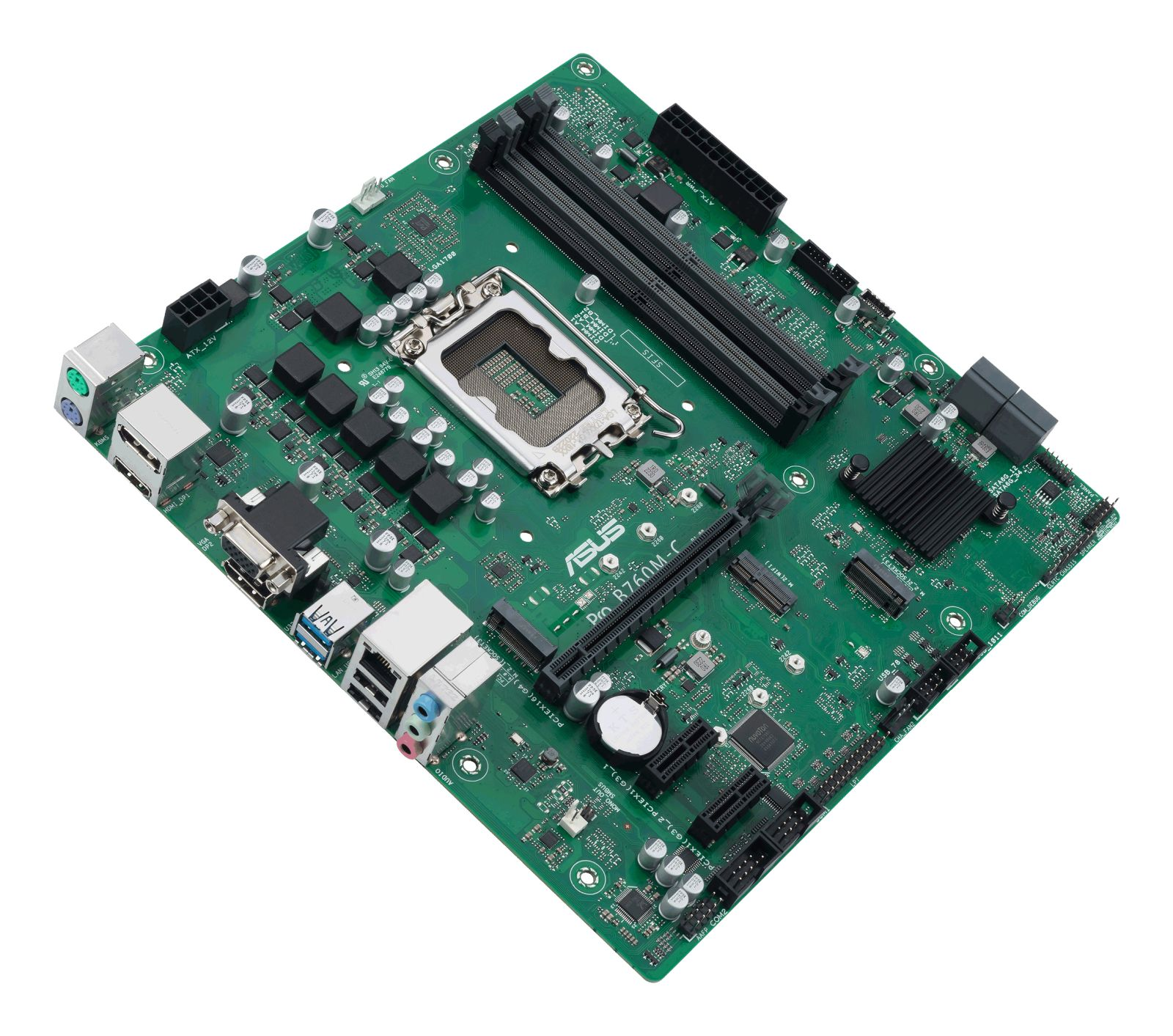 Una scheda madre ASUS Pro B760M-C verde con socket CPU, slot RAM e porte.