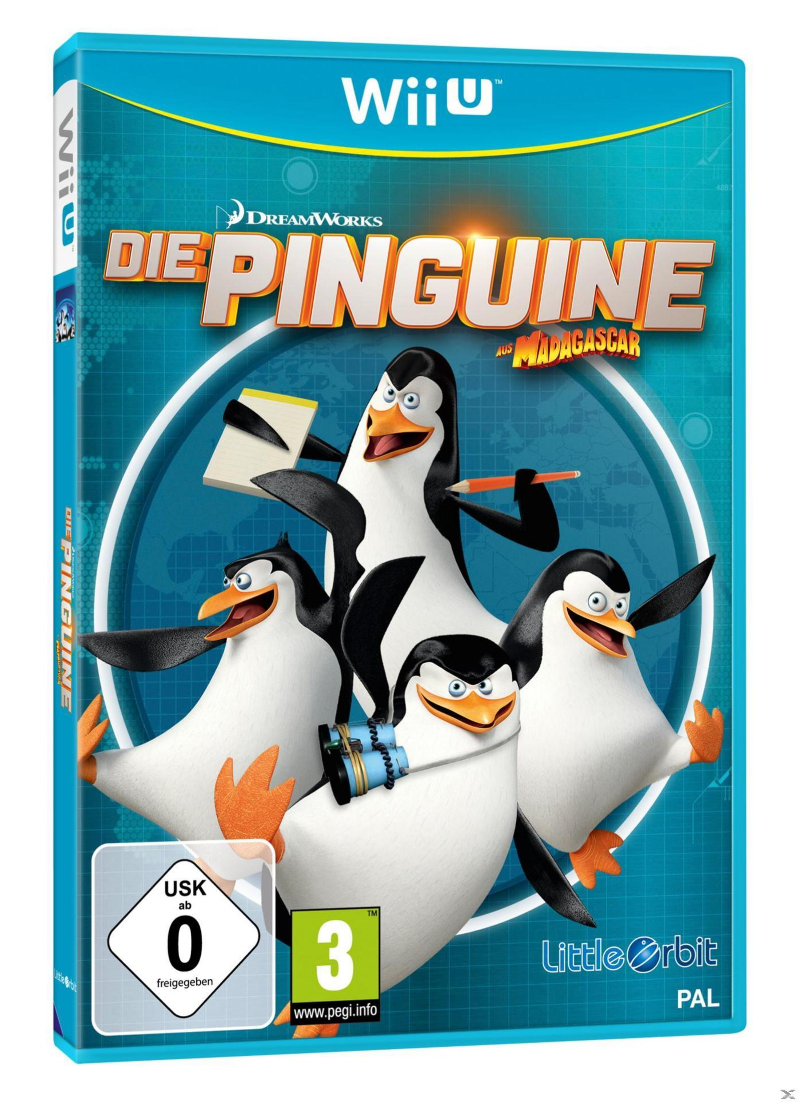 Vier Pinguine aus Madagascar auf einer Wii U-Spielehülle. Einer hält einen Bleistift.