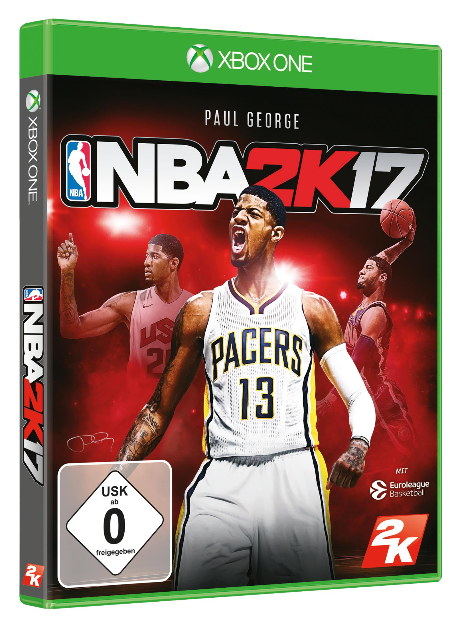 Custodia Xbox One NBA 2K17 con Paul George e altri giocatori in primo piano.
