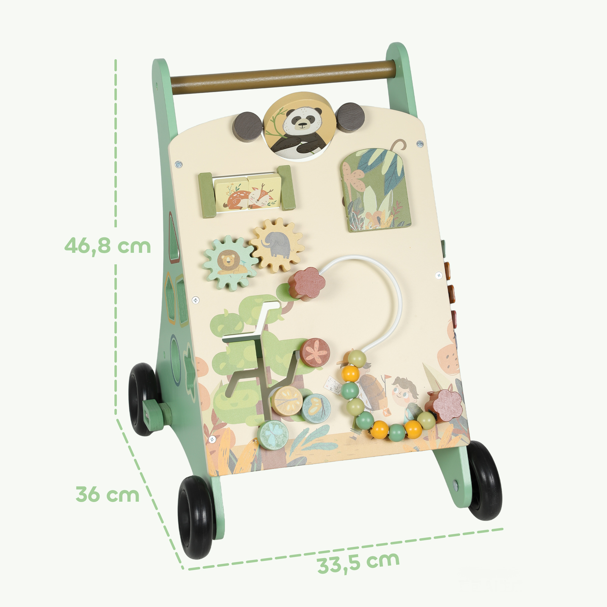 Un andador de madera con diseño de panda y animales de la selva.