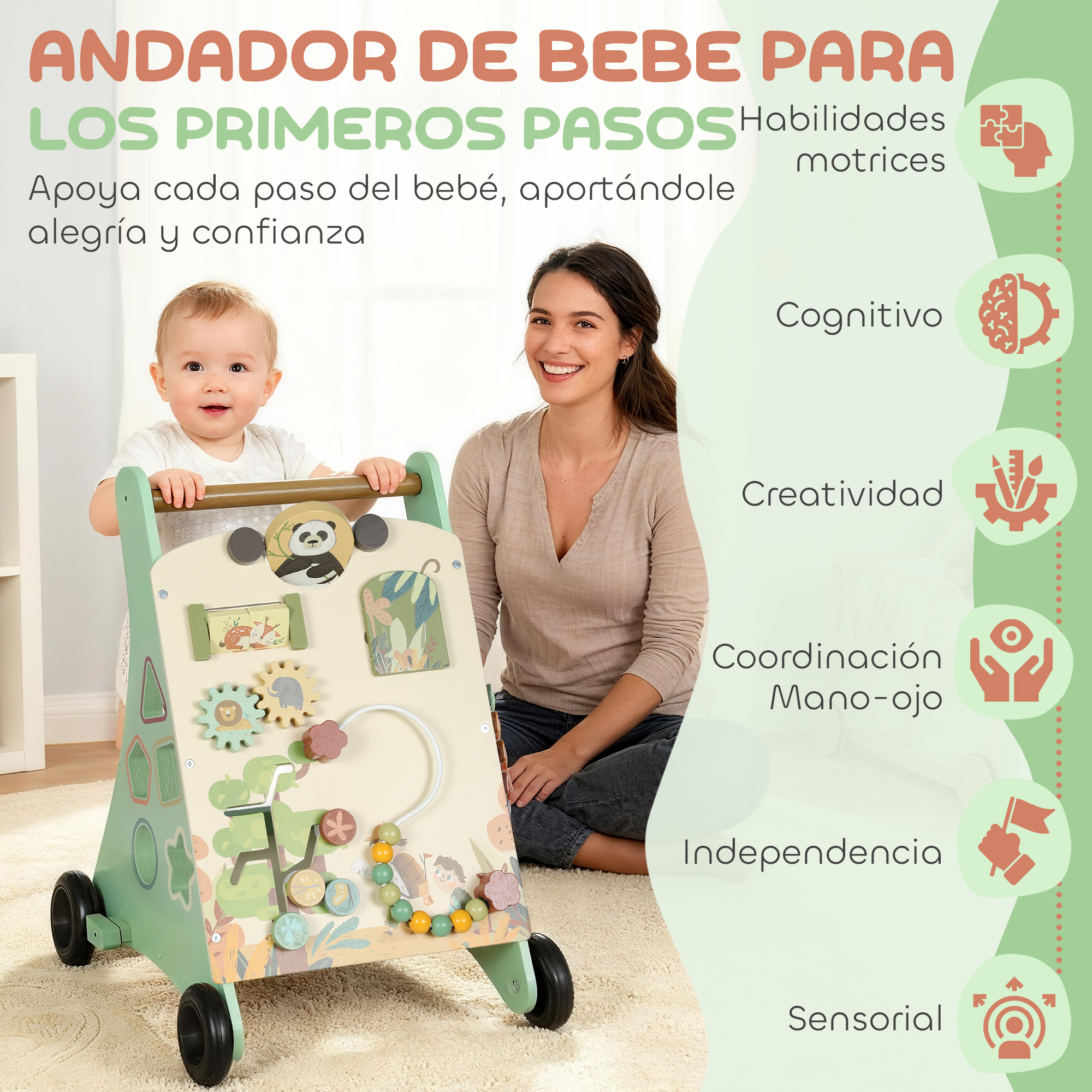 Un bebé aprende a caminar con un andador de juguete colorido, una mujer sonríe.