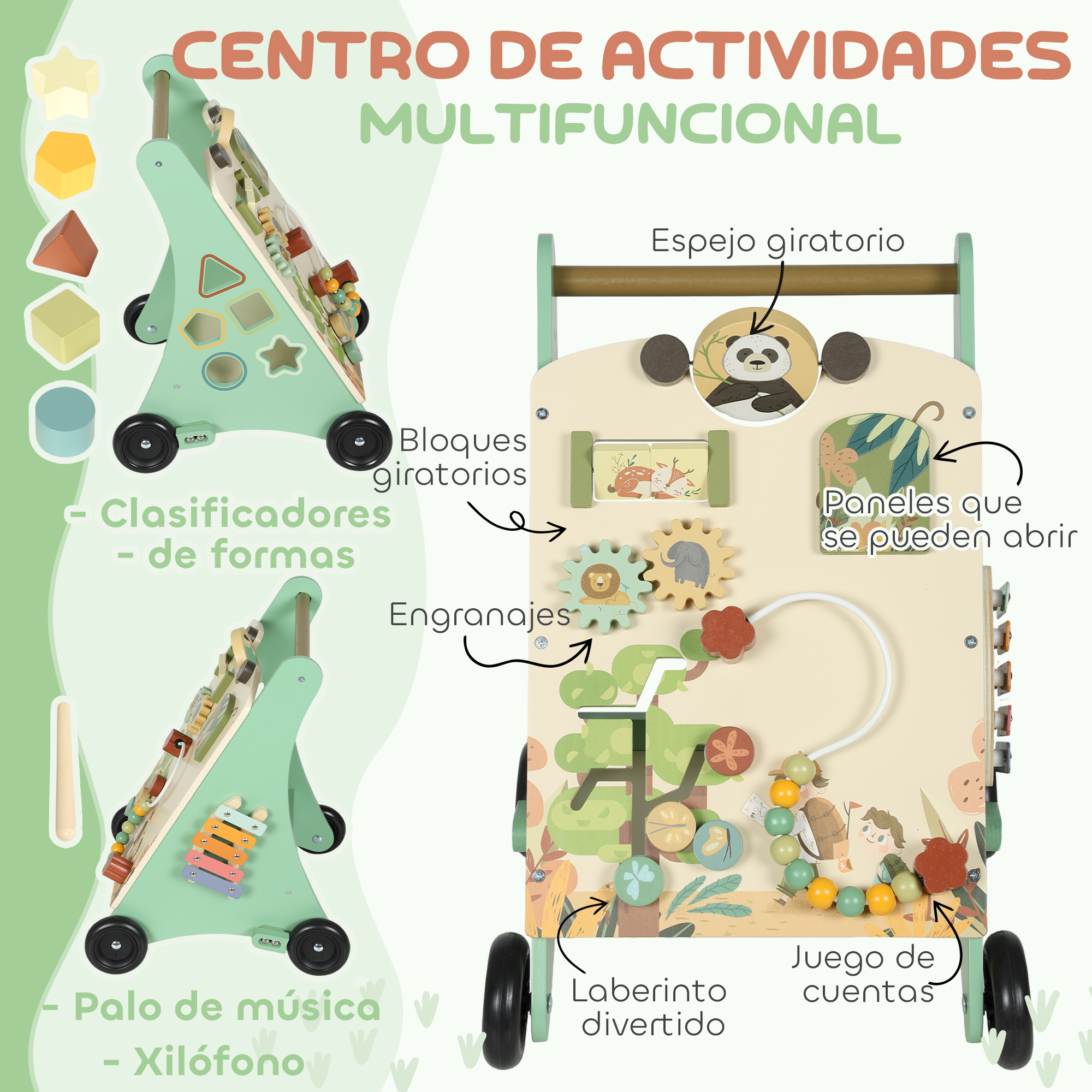 Centro de actividades multifuncional con clasificador de formas, engranajes y juguete musical.