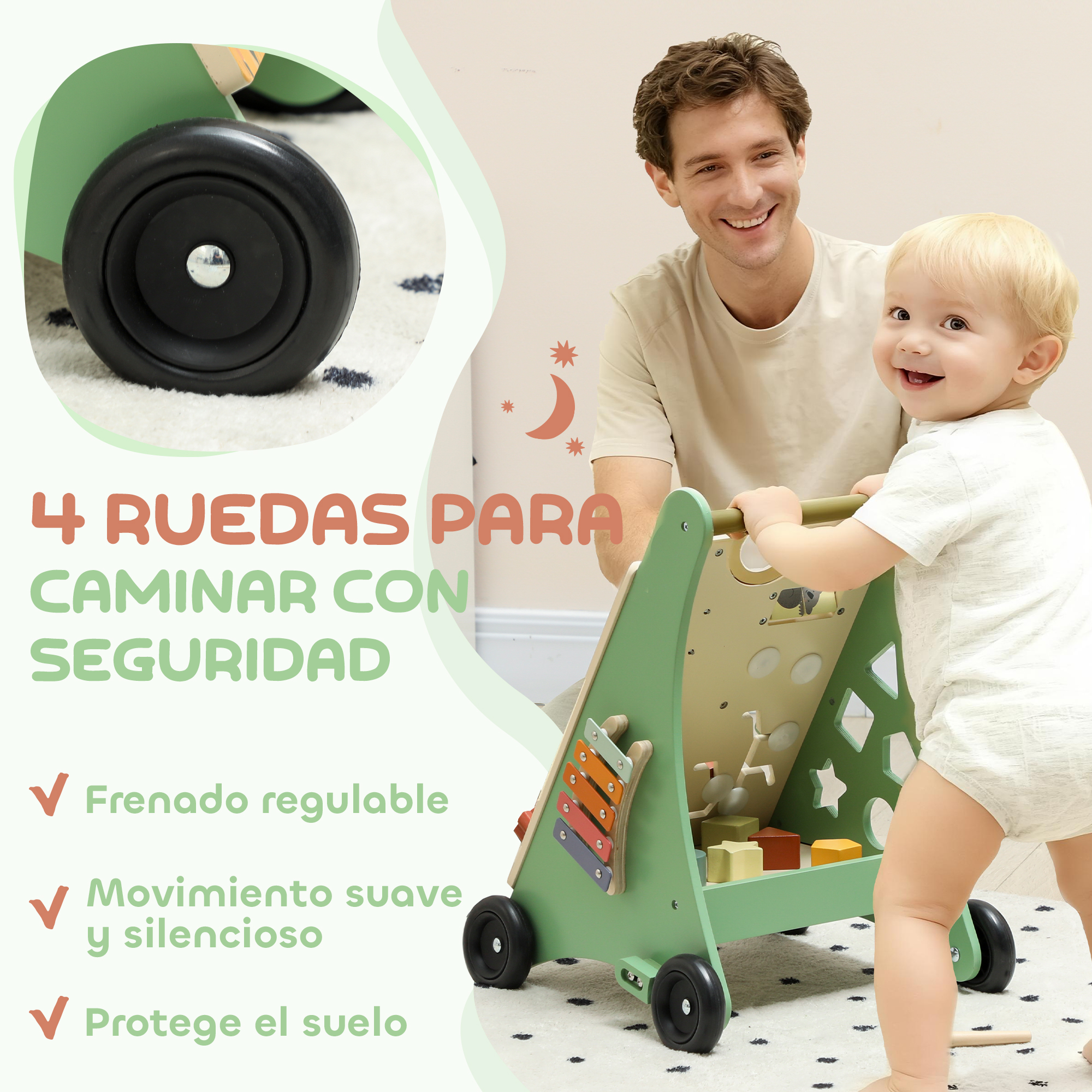 Un hombre sonríe sosteniendo un andador para bebés con un bebé de pie.