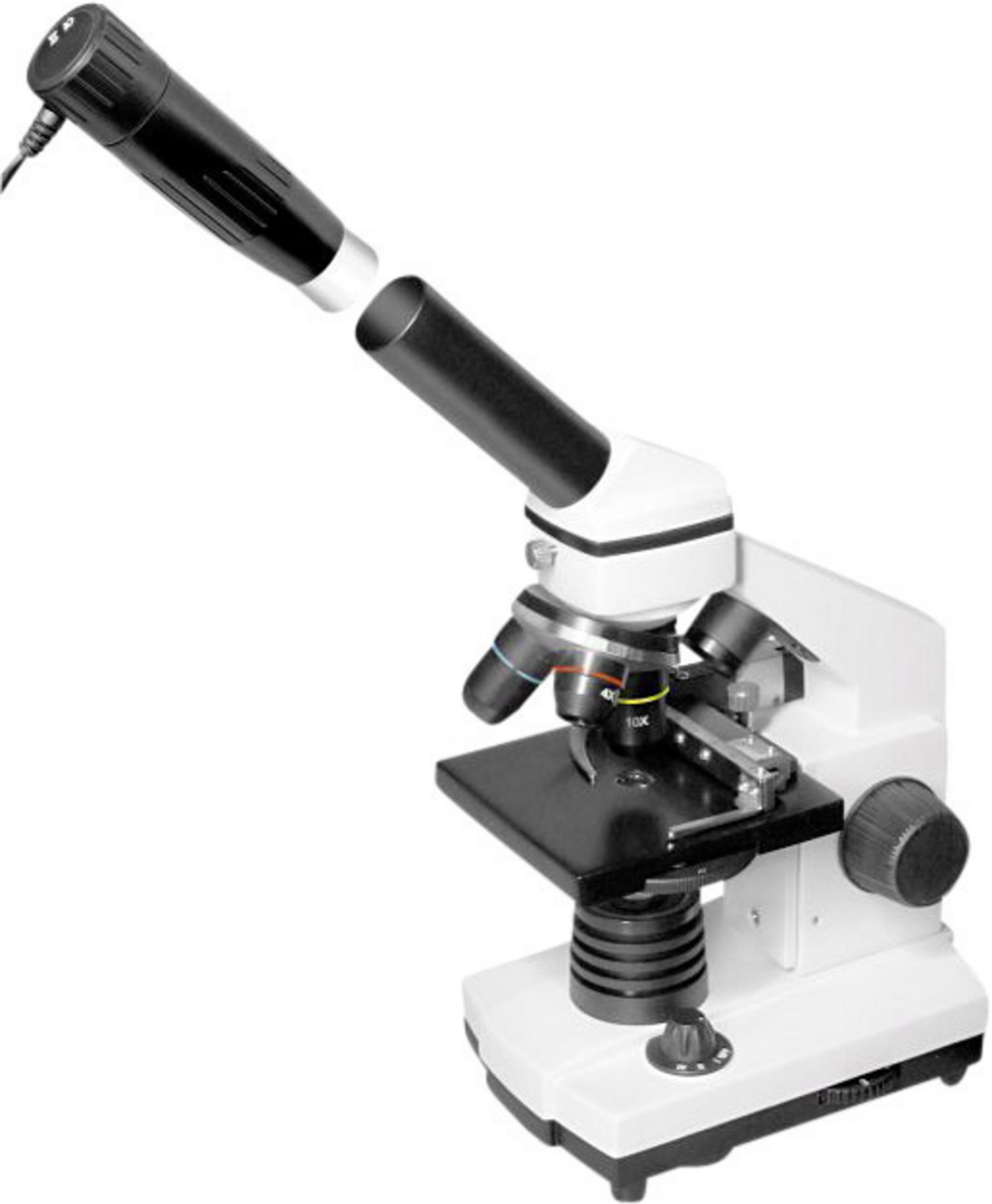 Un microscopio blanco y negro con accesorio de cámara negro