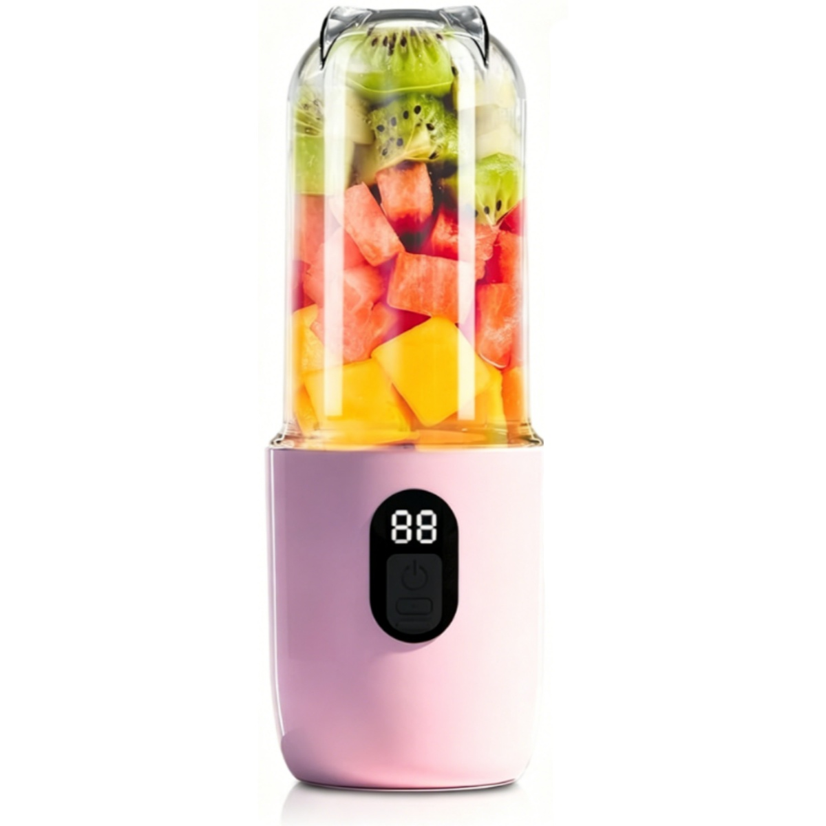 Ein pinker Mixer gefüllt mit geschnittenen Früchten wie Kiwi, Wassermelone und Mango.