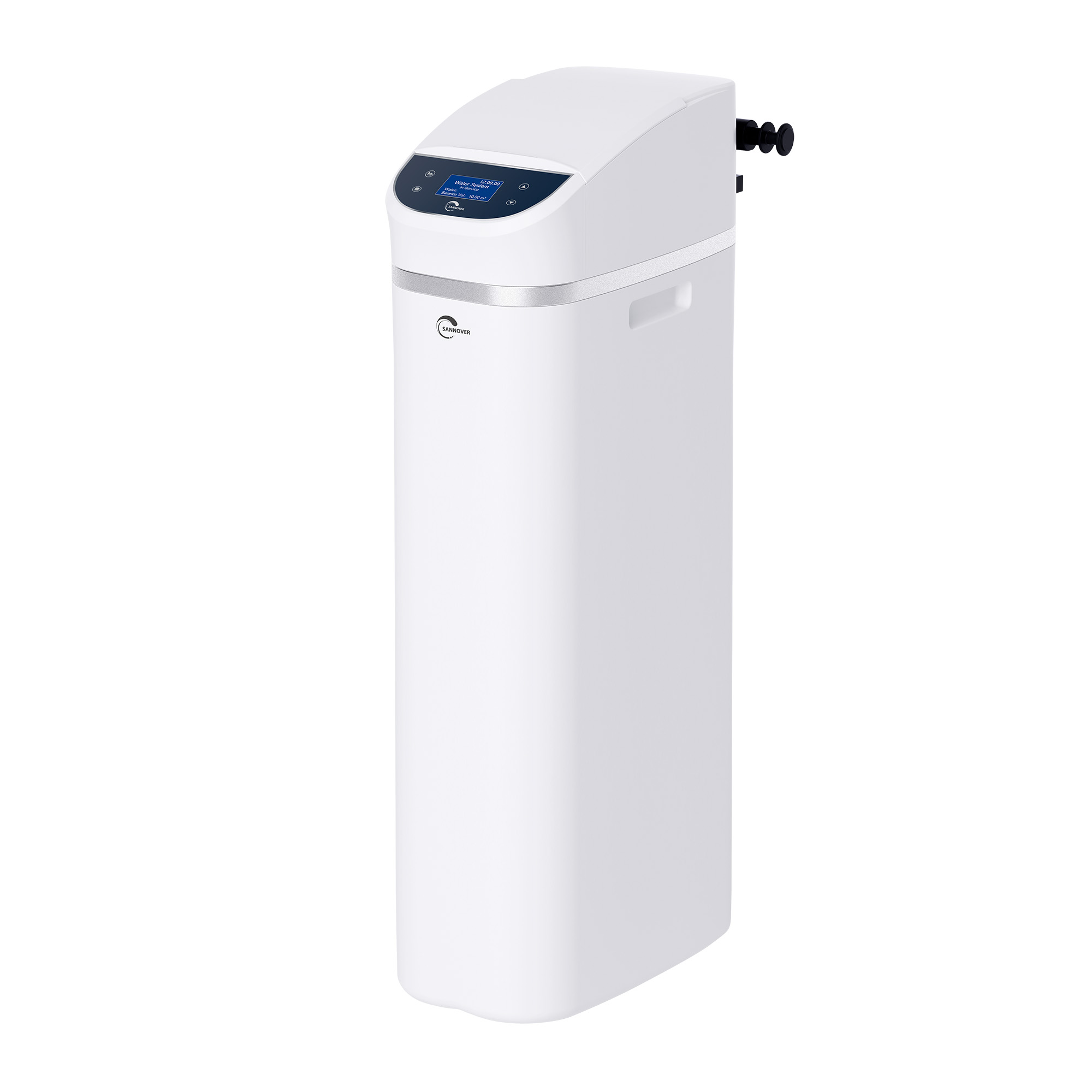 Un descalcificador de agua blanco con pantalla digital y botones de control negros.