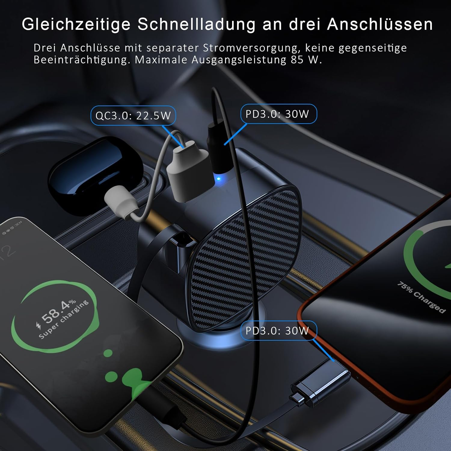 Ein Ladeadapter mit drei Anschlüssen, lädt zwei Smartphones und Kopfhörer.