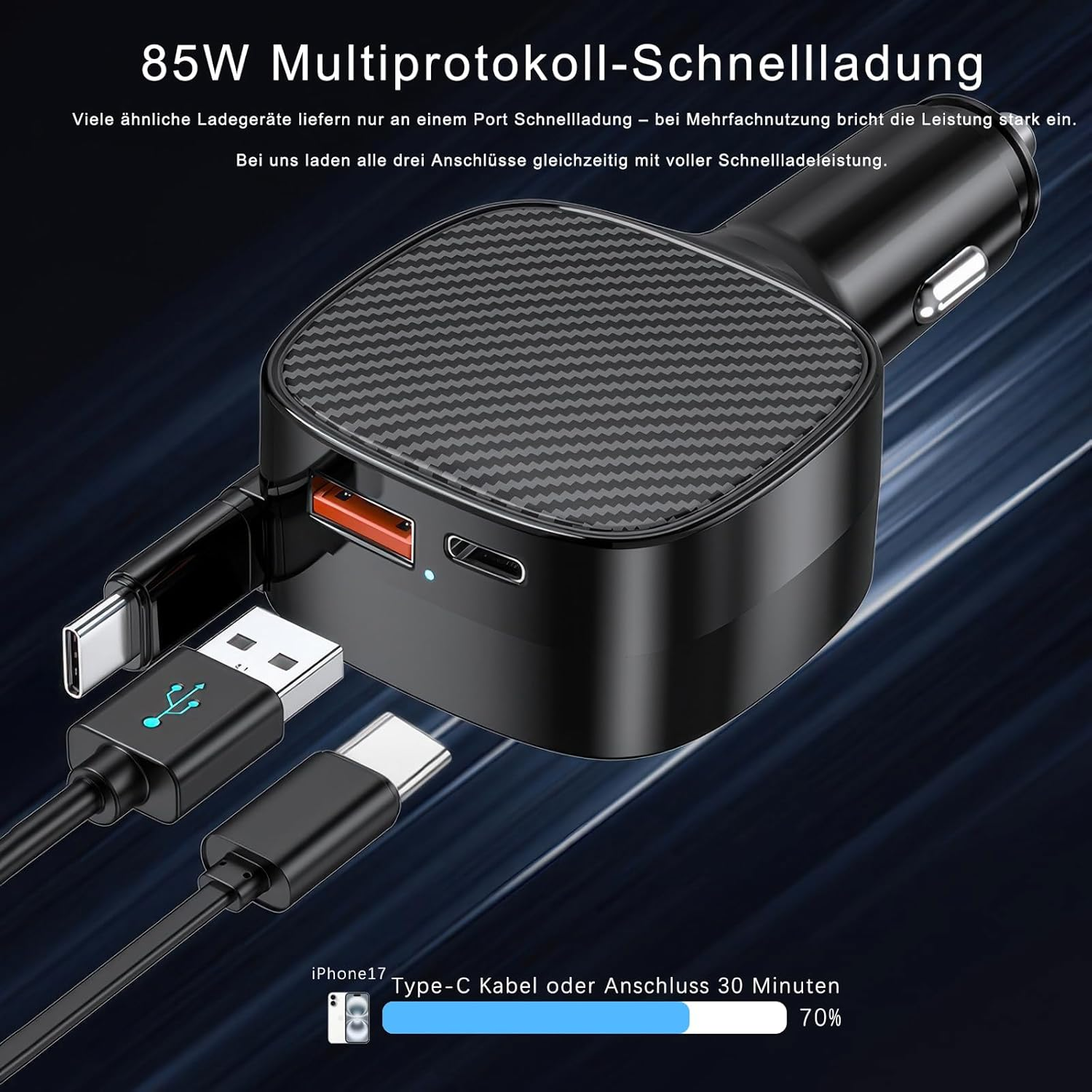 85W Ladegerät mit USB-A, USB-C und Lightning-Anschluss, lade 3 Geräte gleichzeitig.
