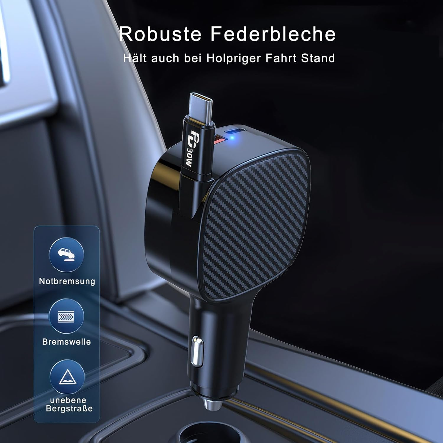 Schwarzer Auto-USB-Adapter mit Carbonmuster und USB-C-Stecker, in Mittelkonsole.