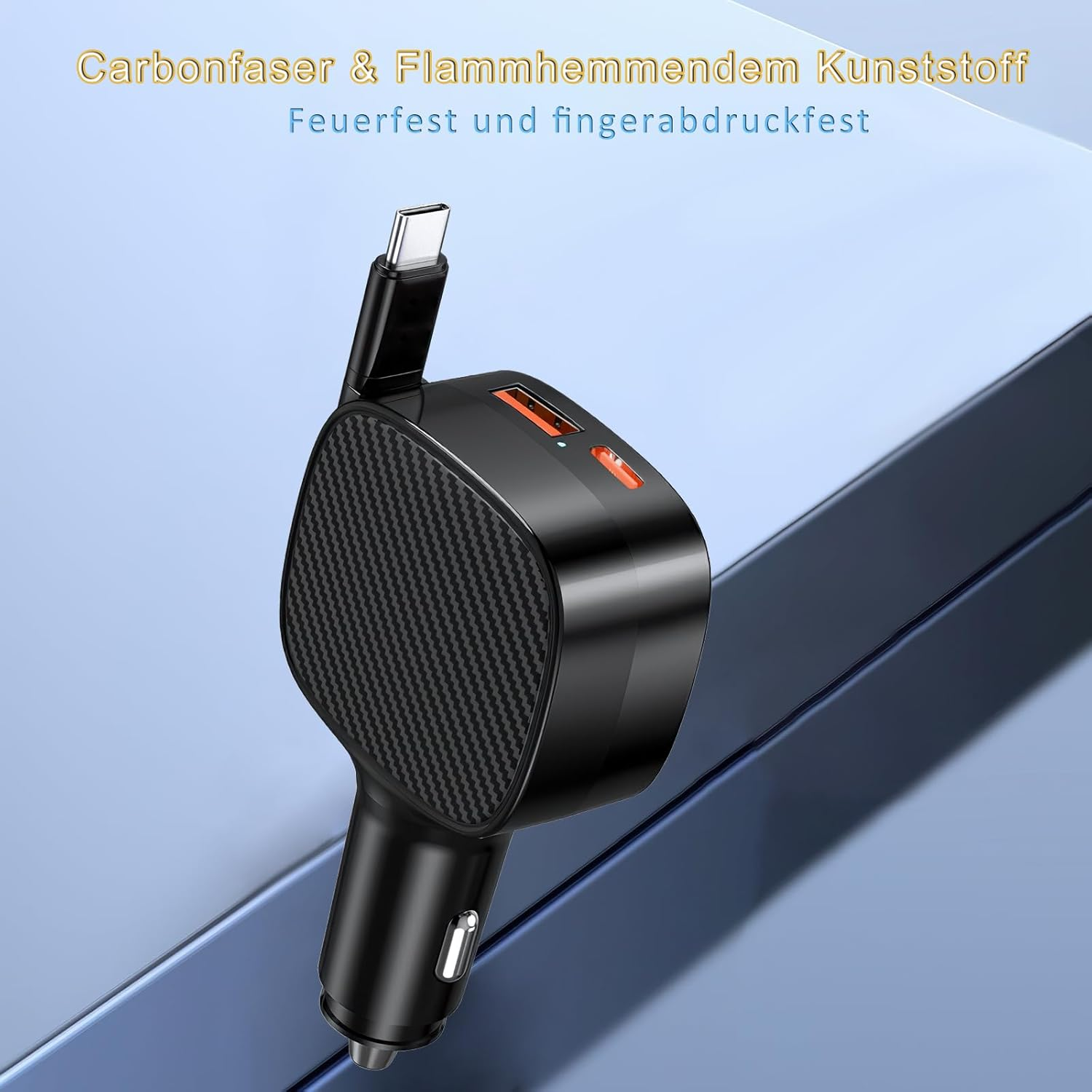 Schwarzer Auto-USB-Adapter mit Carbonfasermuster und USB-C-Anschluss.