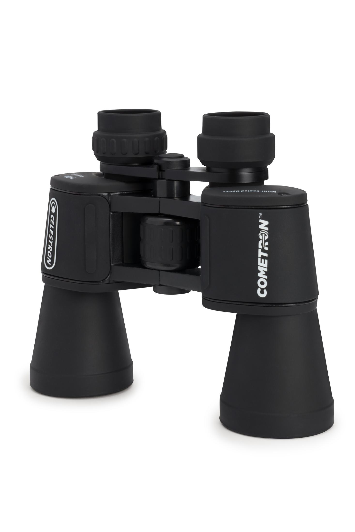 Ein schwarzes Celestron Cometron 7x50 Fernglas mit mehrfach vergüteter Optik, auf weißem Grund.