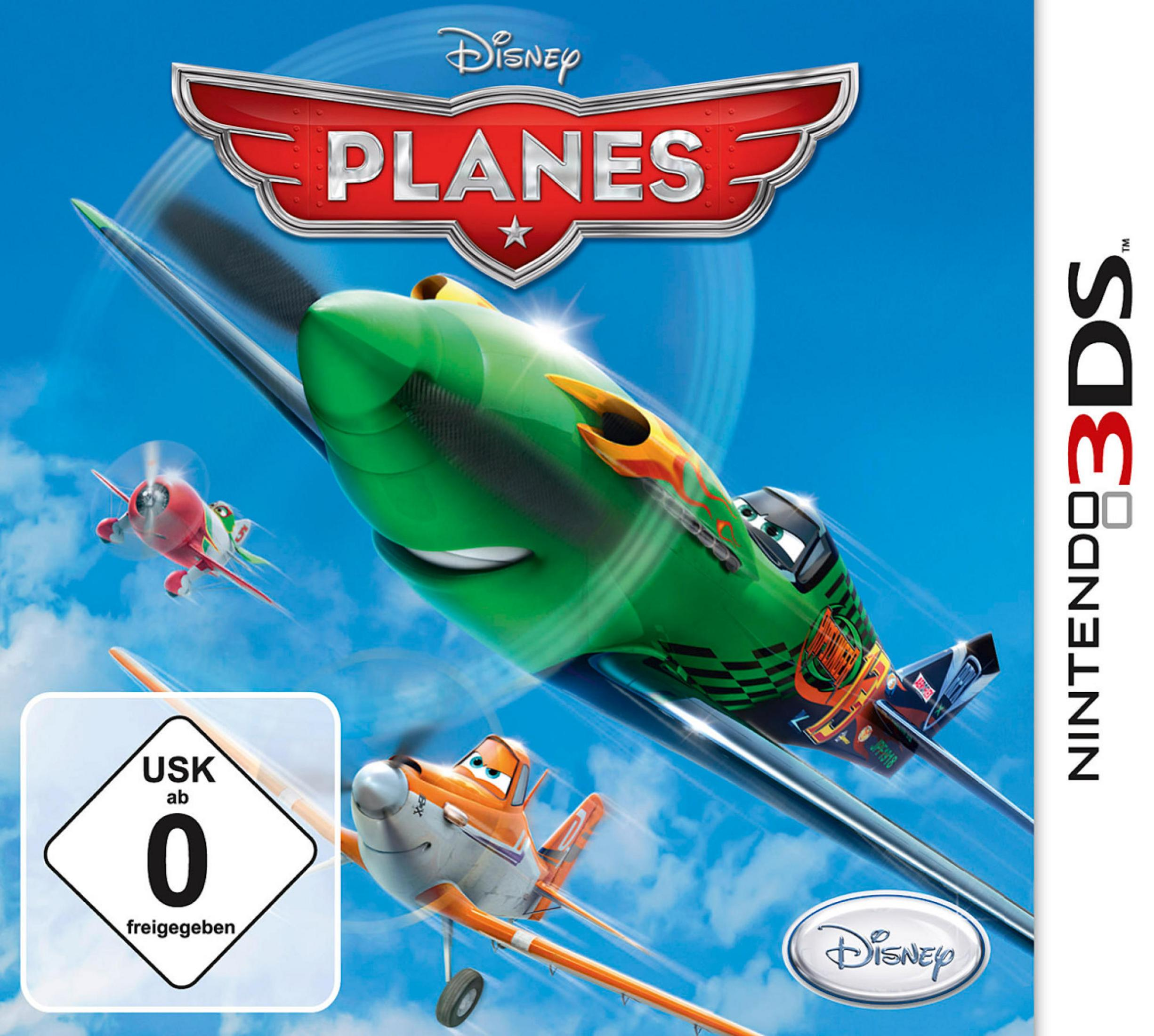Flugzeuge (3DS): Grüner und oranger Flieger im Flug, Disney-Logo.
