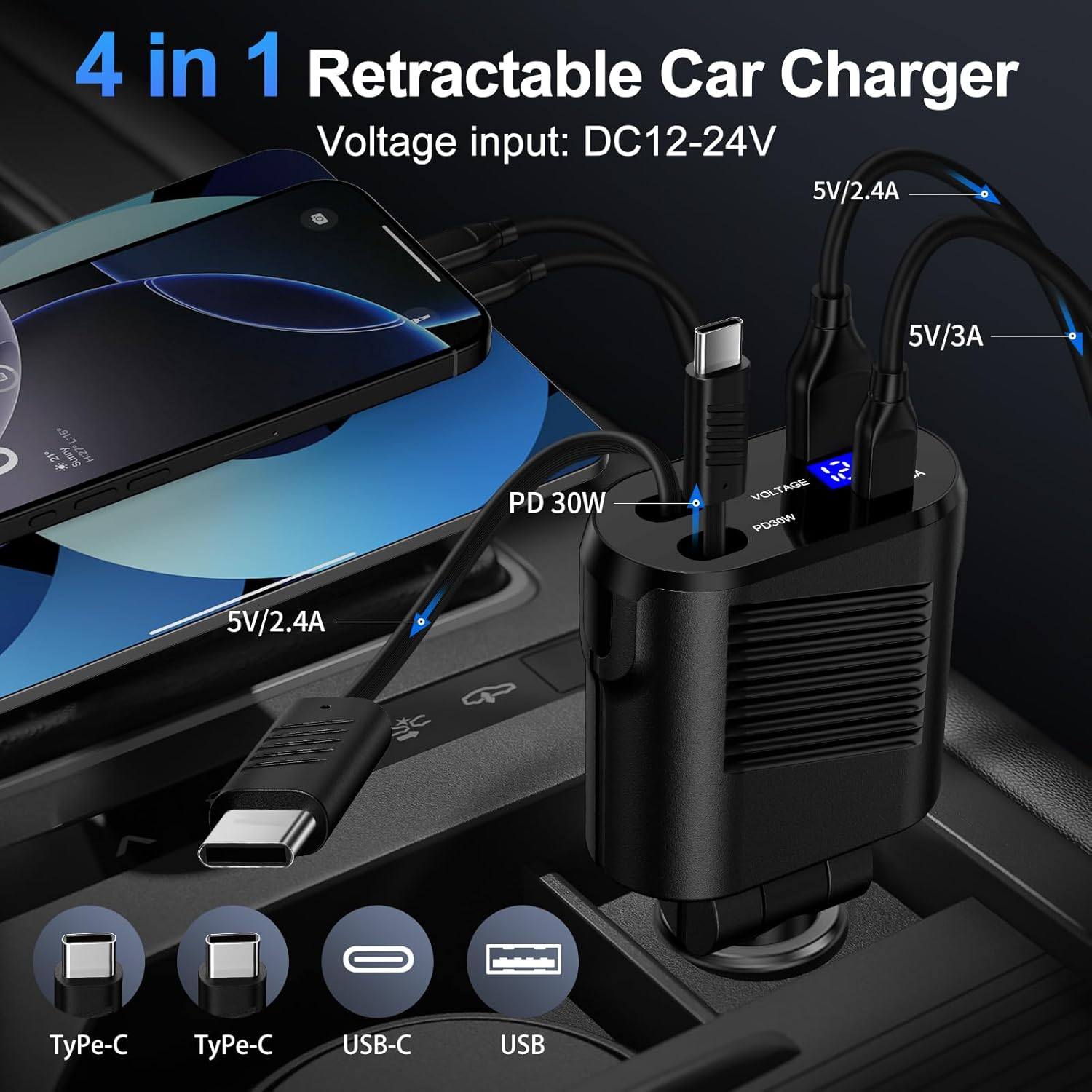 Schwarzes 4-in-1-Autoladegerät mit USB-C- und USB-Anschlüssen, lädt ein Smartphone auf.