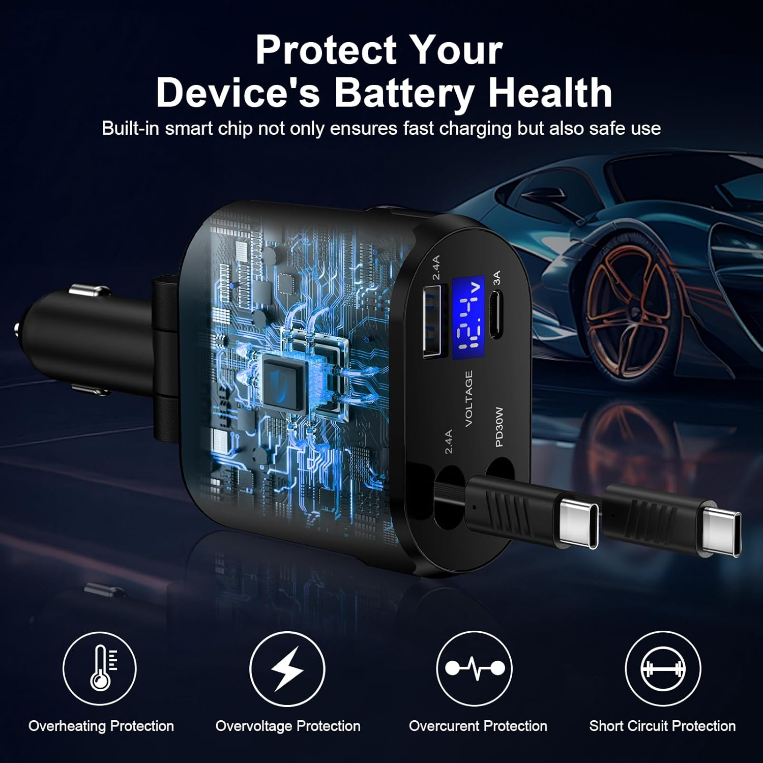 Ein schwarzer Autoladegerät mit USB-C-Anschlüssen und digitaler Anzeige.