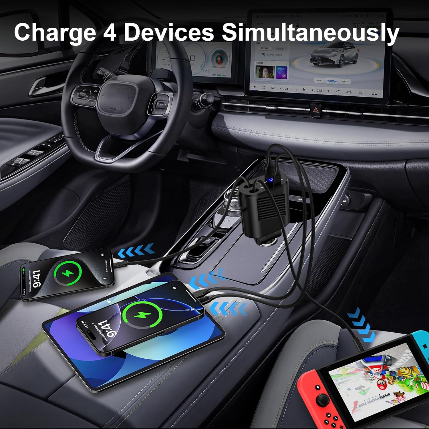Ein Ladeadapter im Auto lädt vier Geräte gleichzeitig: zwei Handys, ein Tablet und ein Nintendo Switch.