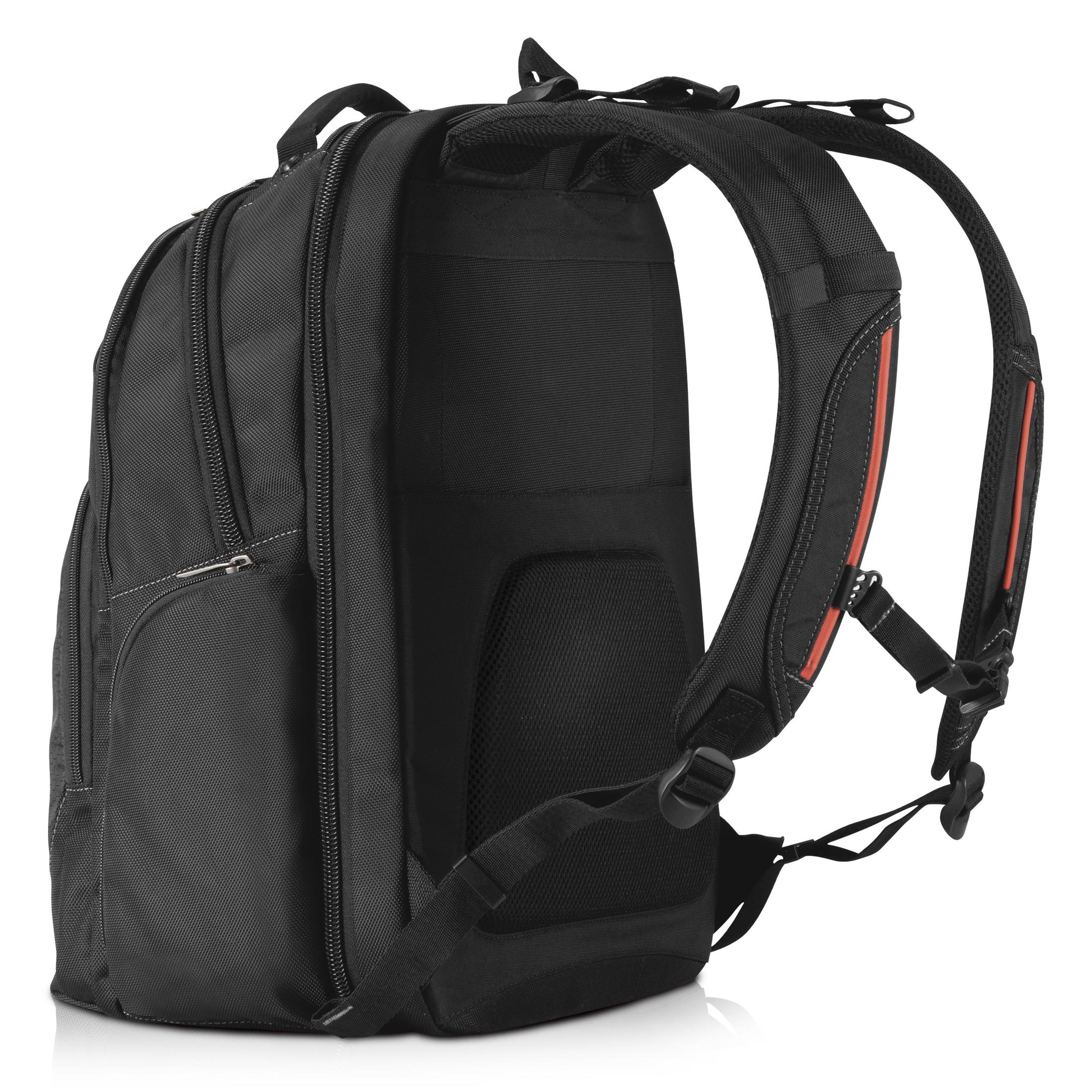 Schwarzer Rucksack mit gepolsterten Gurten und roten Akzenten.