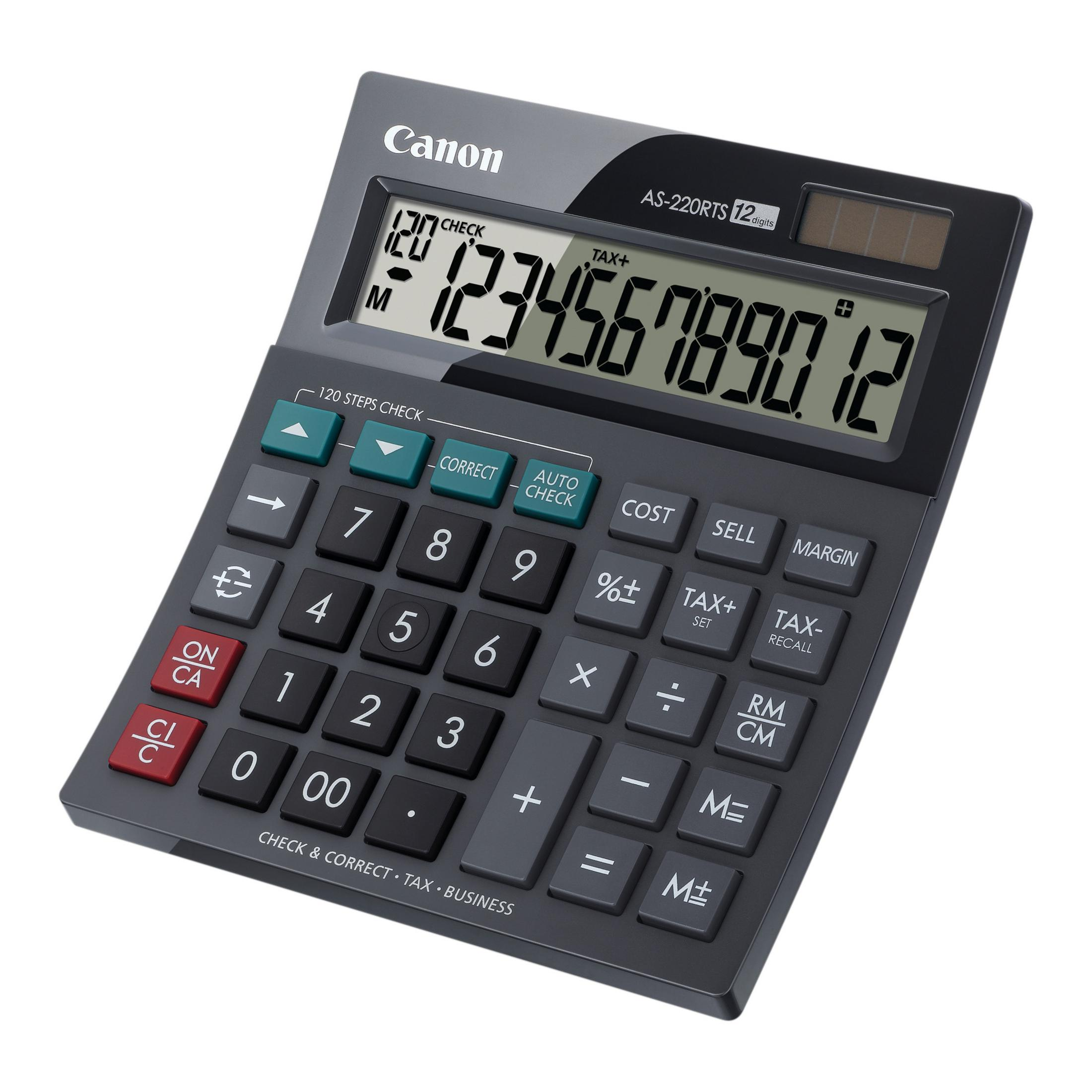 Ein schwarzer Canon Taschenrechner mit Solarpanel und großem Display, das Zahlen anzeigt.