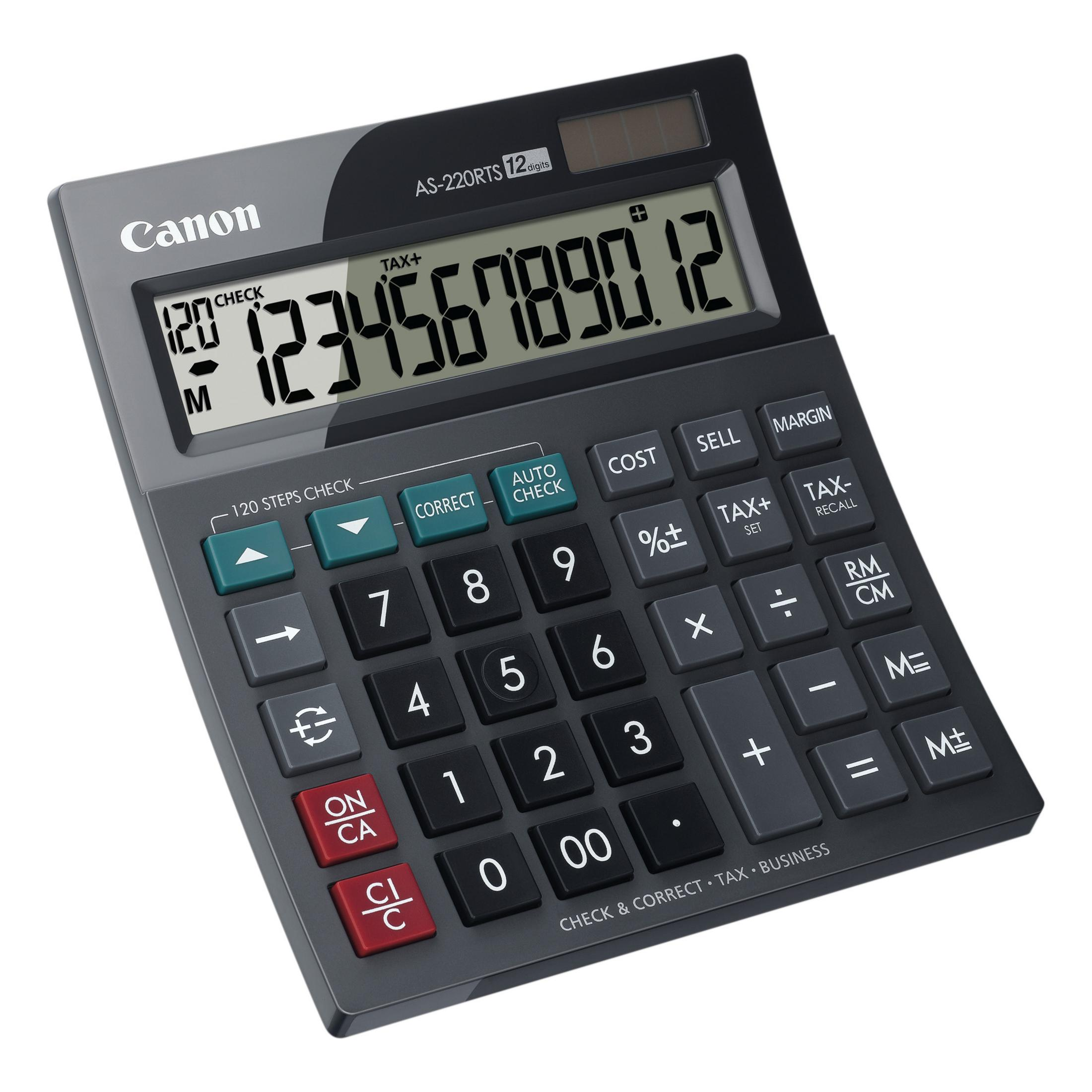 Ein schwarzer Canon AS-220RTS Taschenrechner mit Solarpanel und großem Display.
