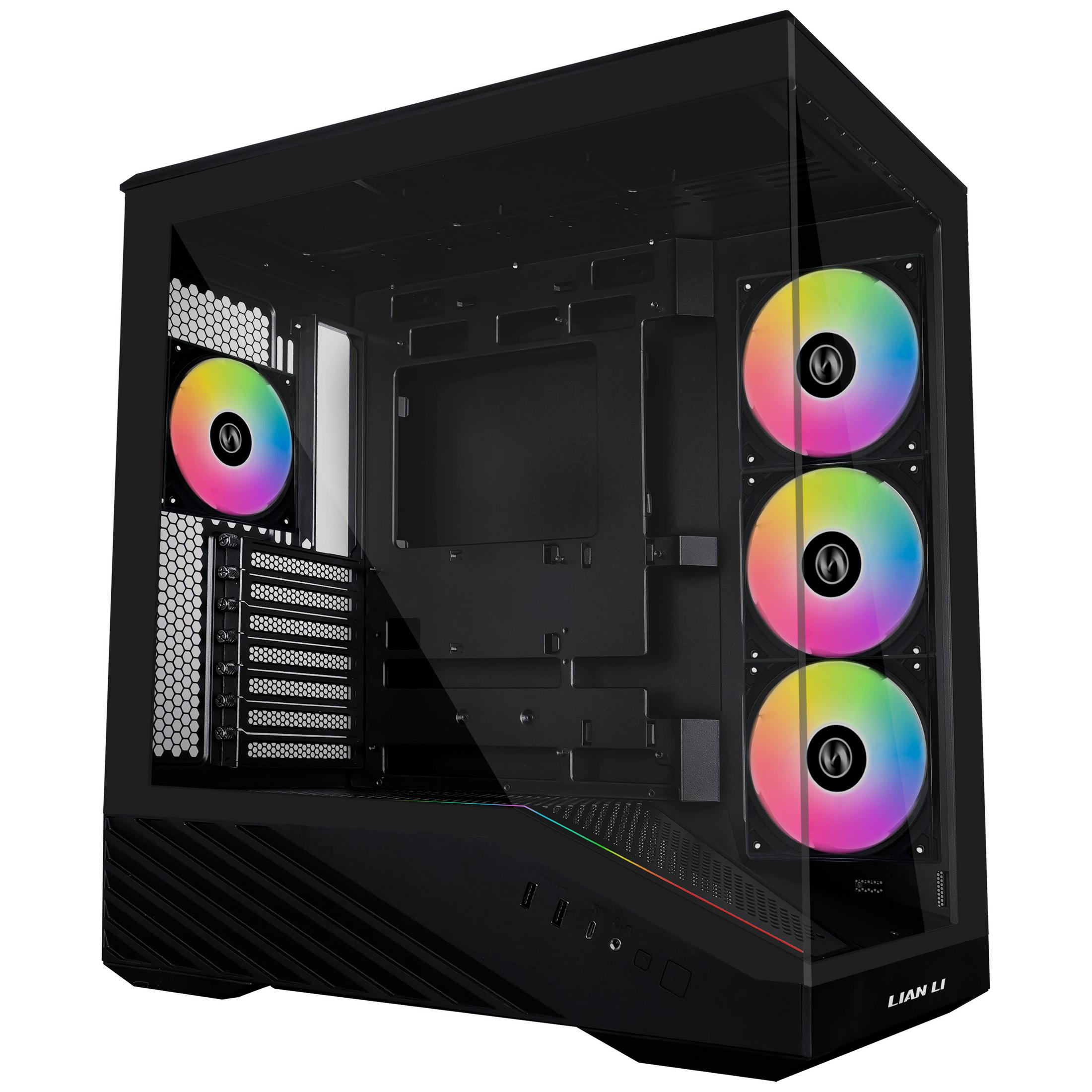 Schwarzes PC-Gehäuse mit beleuchteten Lüftern und Glasfront.