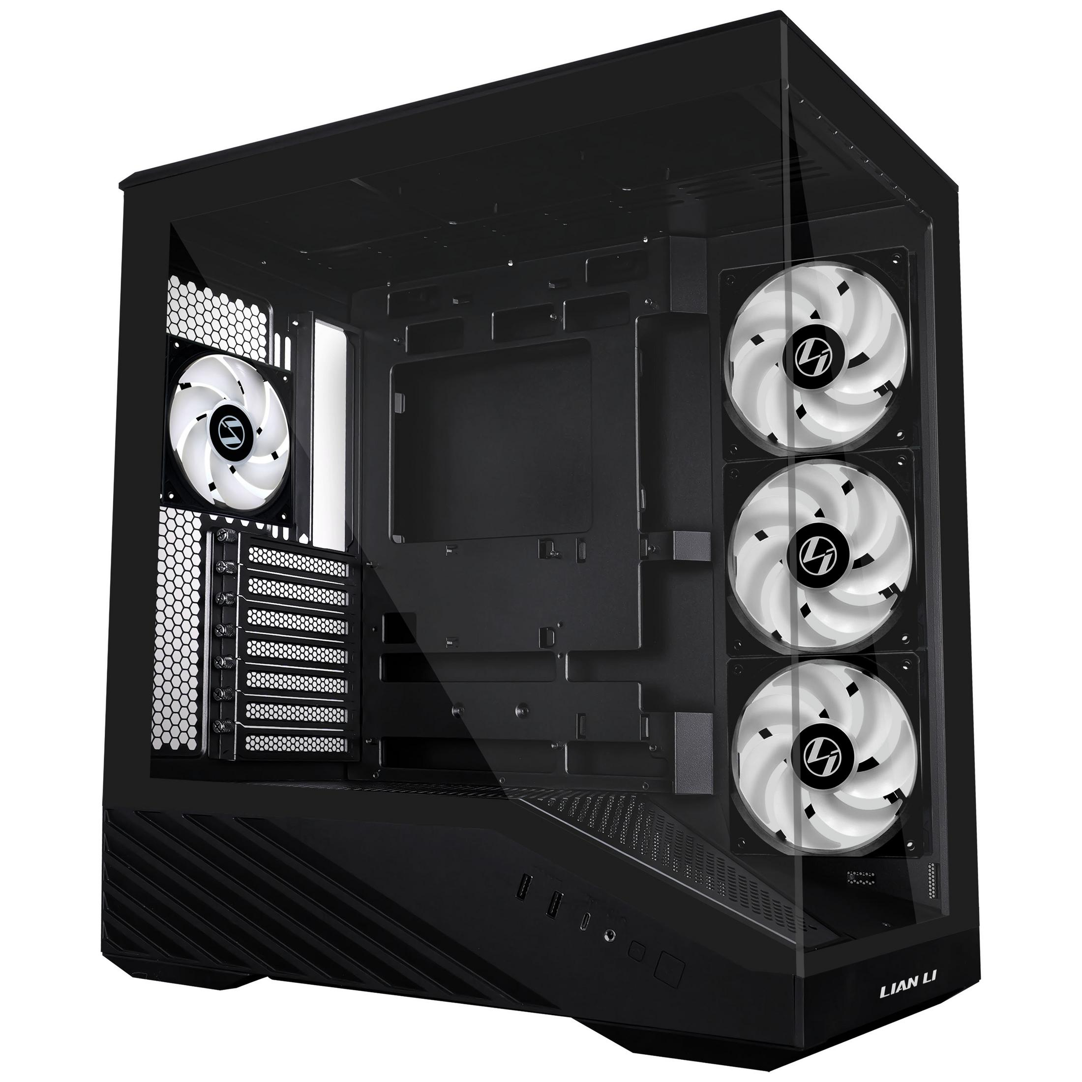 Schwarzes PC-Gehäuse mit Glasfront und drei weißen Lüftern.