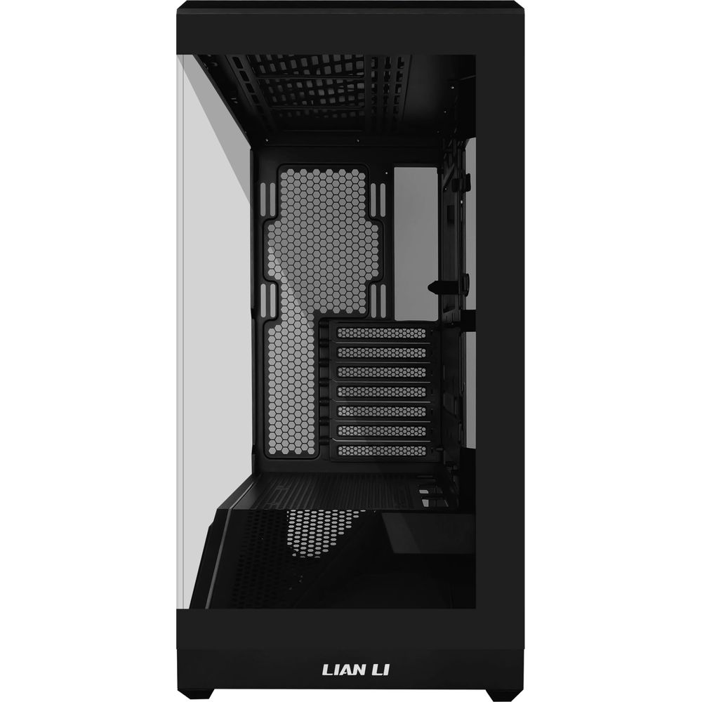 Schwarzes Lian Li PC-Gehäuse mit Glasfront und Lüftungsschlitzen.