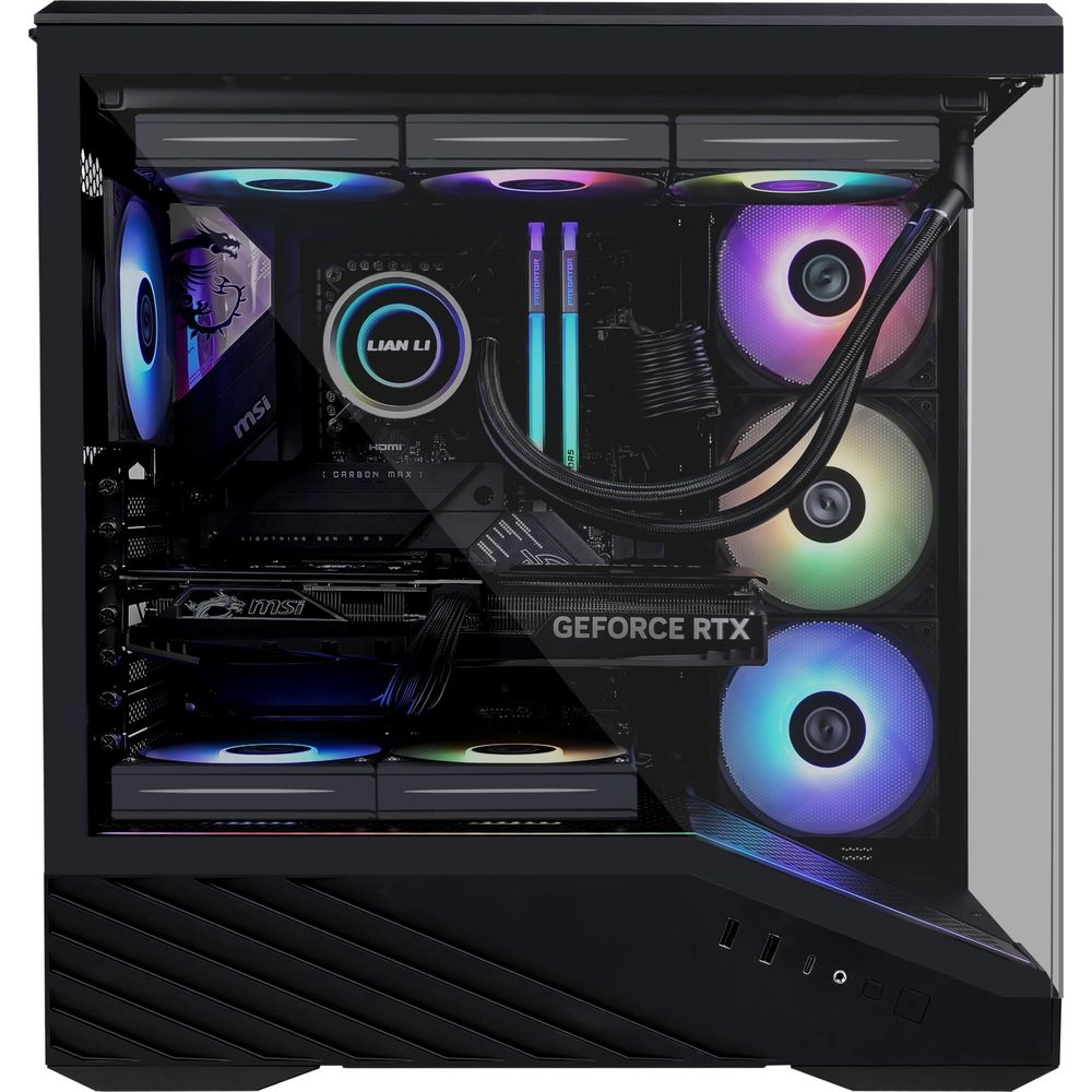 Ein leistungsstarker PC mit RGB-Lüftern, GeForce RTX-Grafikkarte und Lian Li-Logo.
