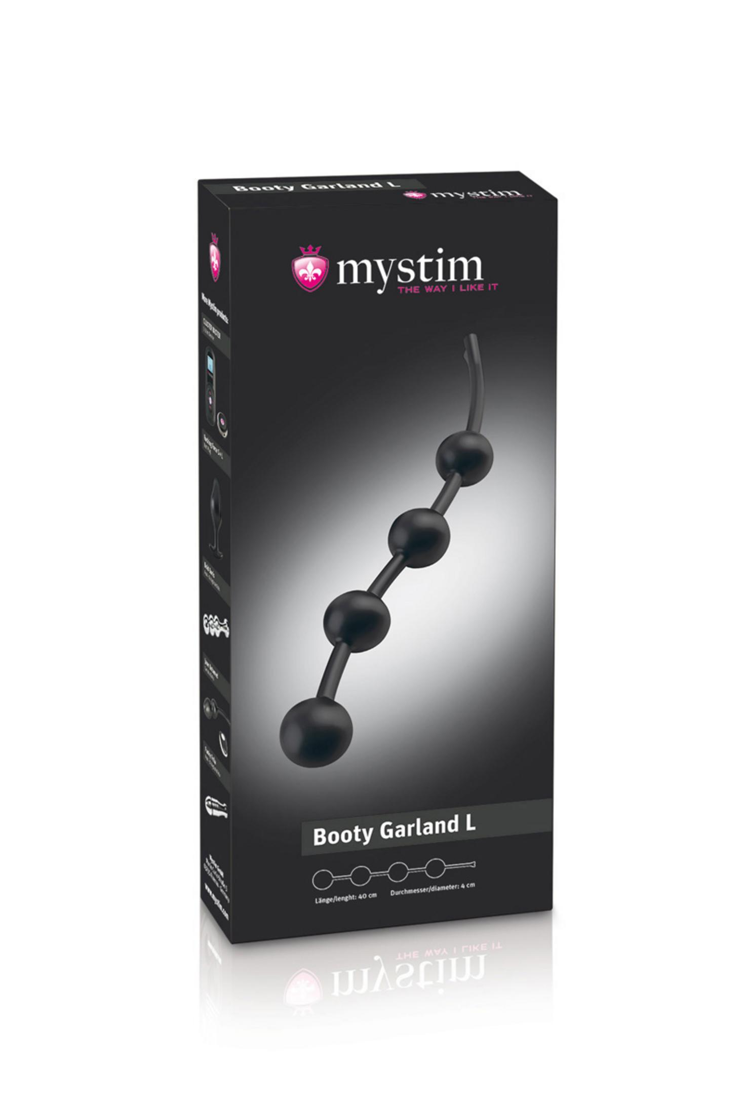 Verpackung eines Mystim Booty Garland L mit einer Perlenkette.