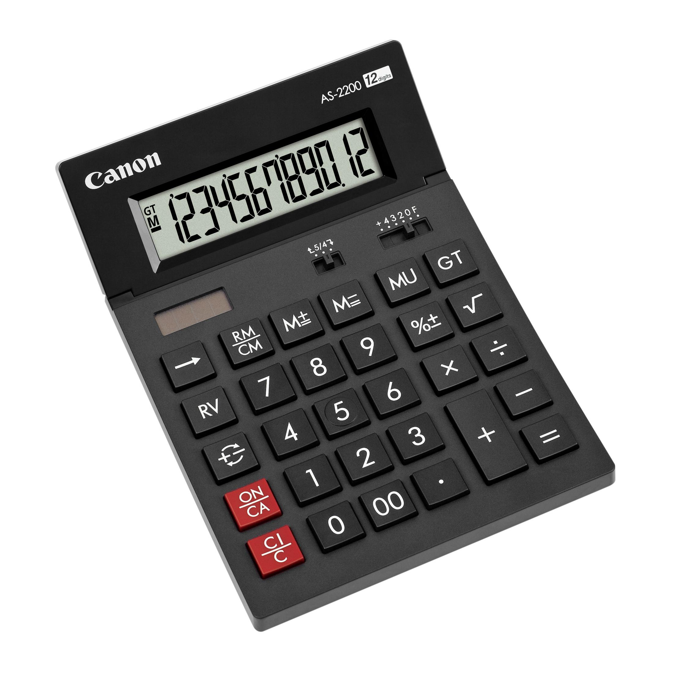 Schwarzer Canon AS-2200 Taschenrechner mit großem LCD-Display und vollständiger Tastatur.
