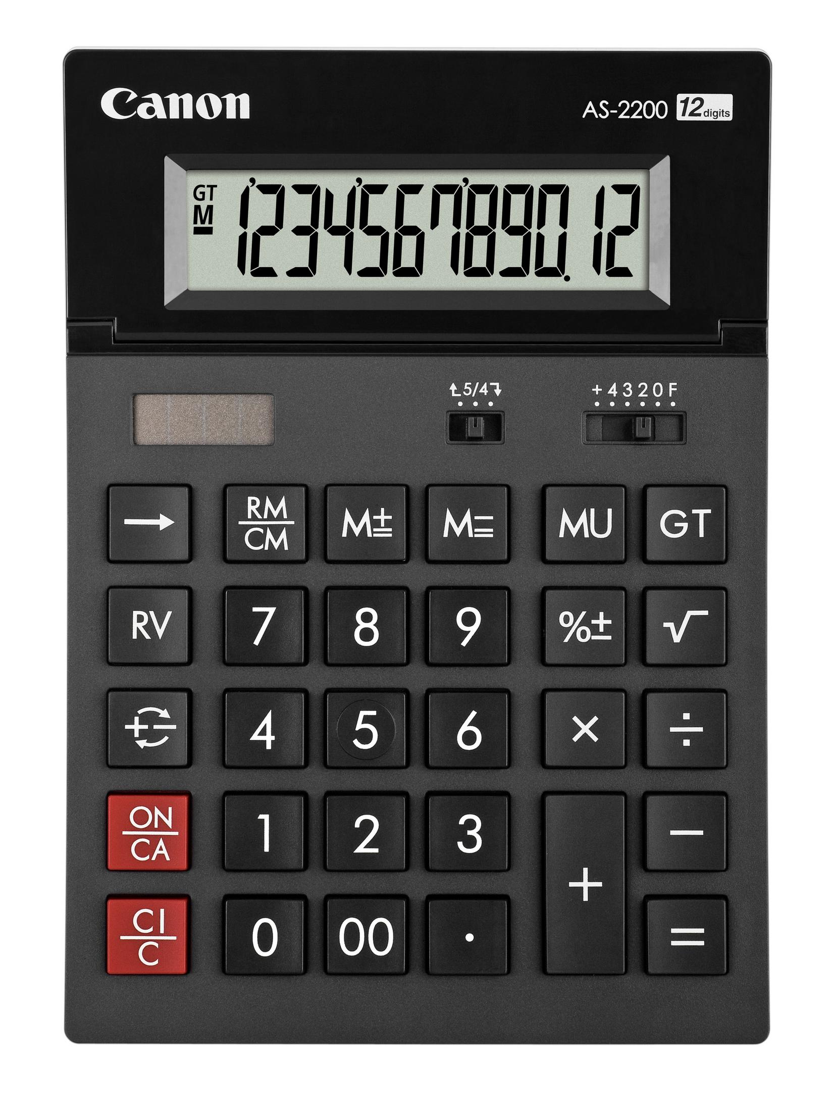 Schwarzer Canon AS-2200 Taschenrechner mit großem Display und Tasten.