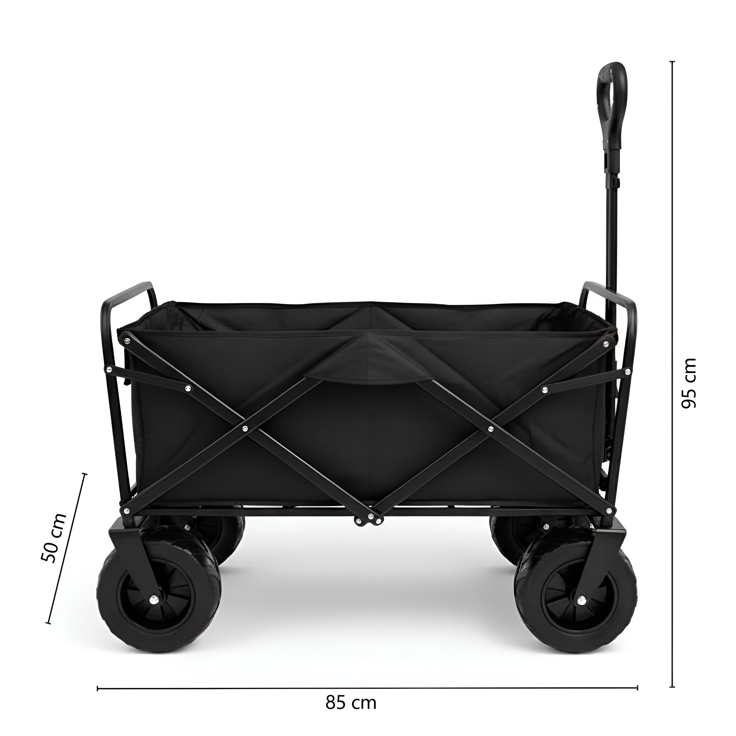 Carro plegable negro con asa y cuatro ruedas.