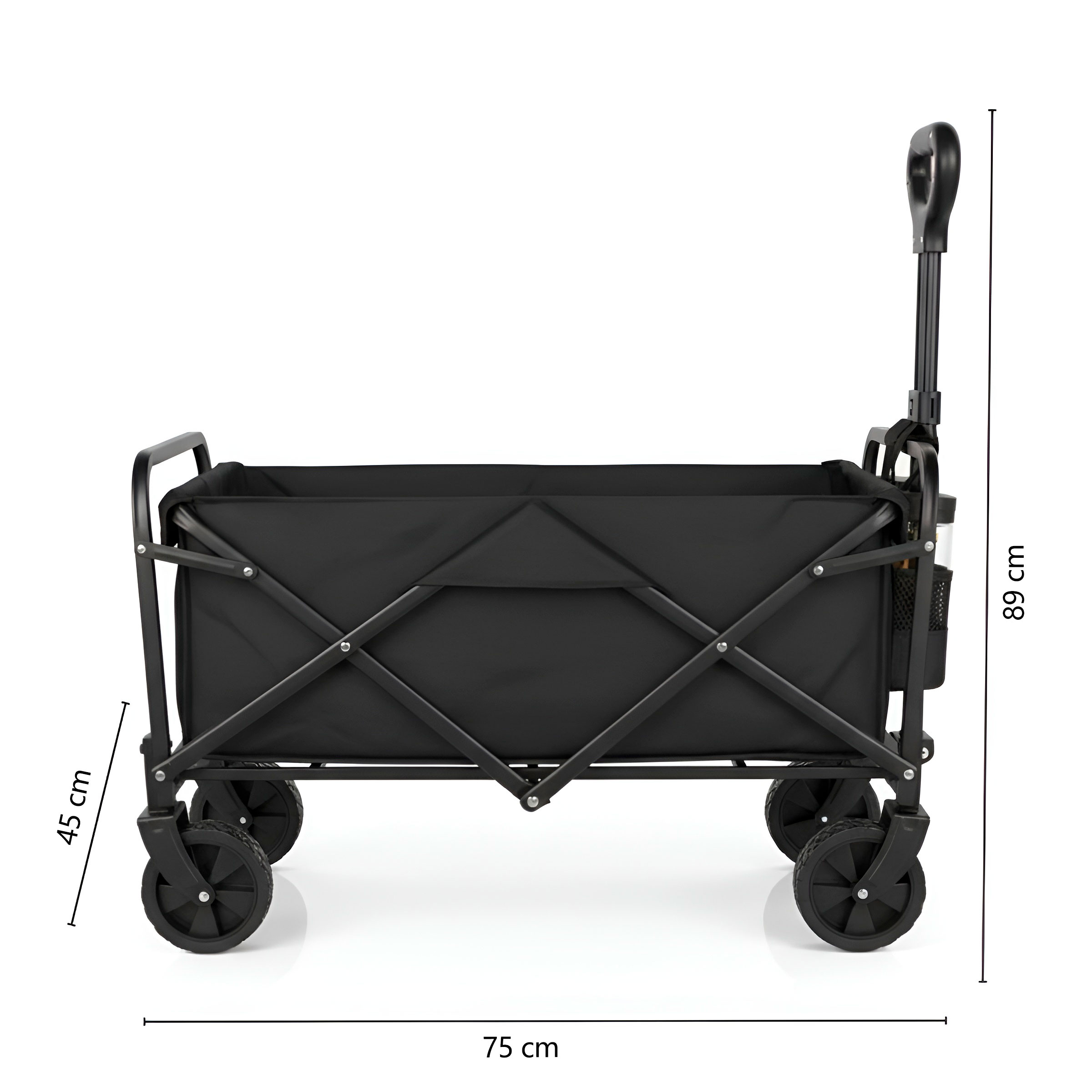 Carro plegable negro con asa, ruedas. Dimensiones: 75x45x89cm.