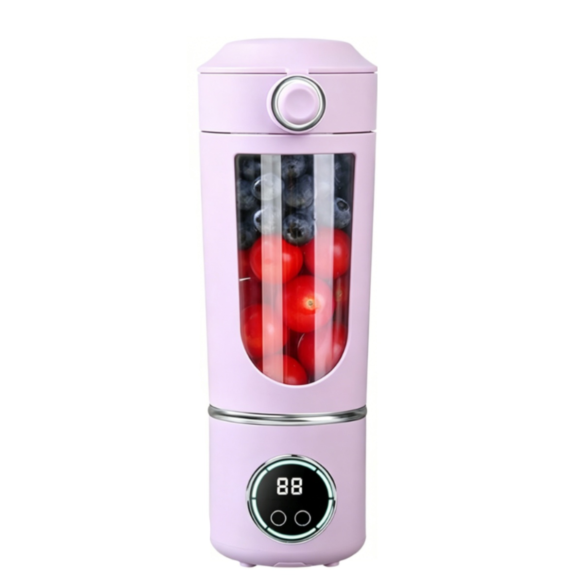 Ein violetter Mixer mit Blaubeeren und Kirschtomaten gefüllt.